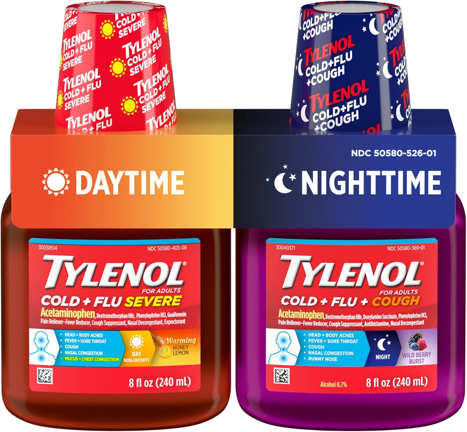 Tylenol Cold + Flu Severe Daytime & Nighttime Liquid Cough Medicine with Acetaminophen Pain Reliever & Fever Reducer, Nasal Decongestant & Antihistamine, Value Pack, 2 ct. of 8 fl. oz