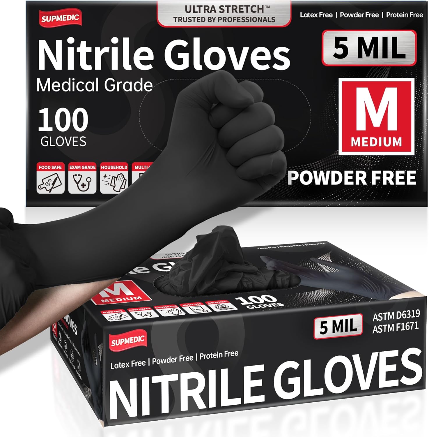 Disposable Nitrile Gloves, 5Mil Chemical Resistant Powder-Free Latex-Free Glove Exam Cook Tattoo, Black Blue 100Pcs