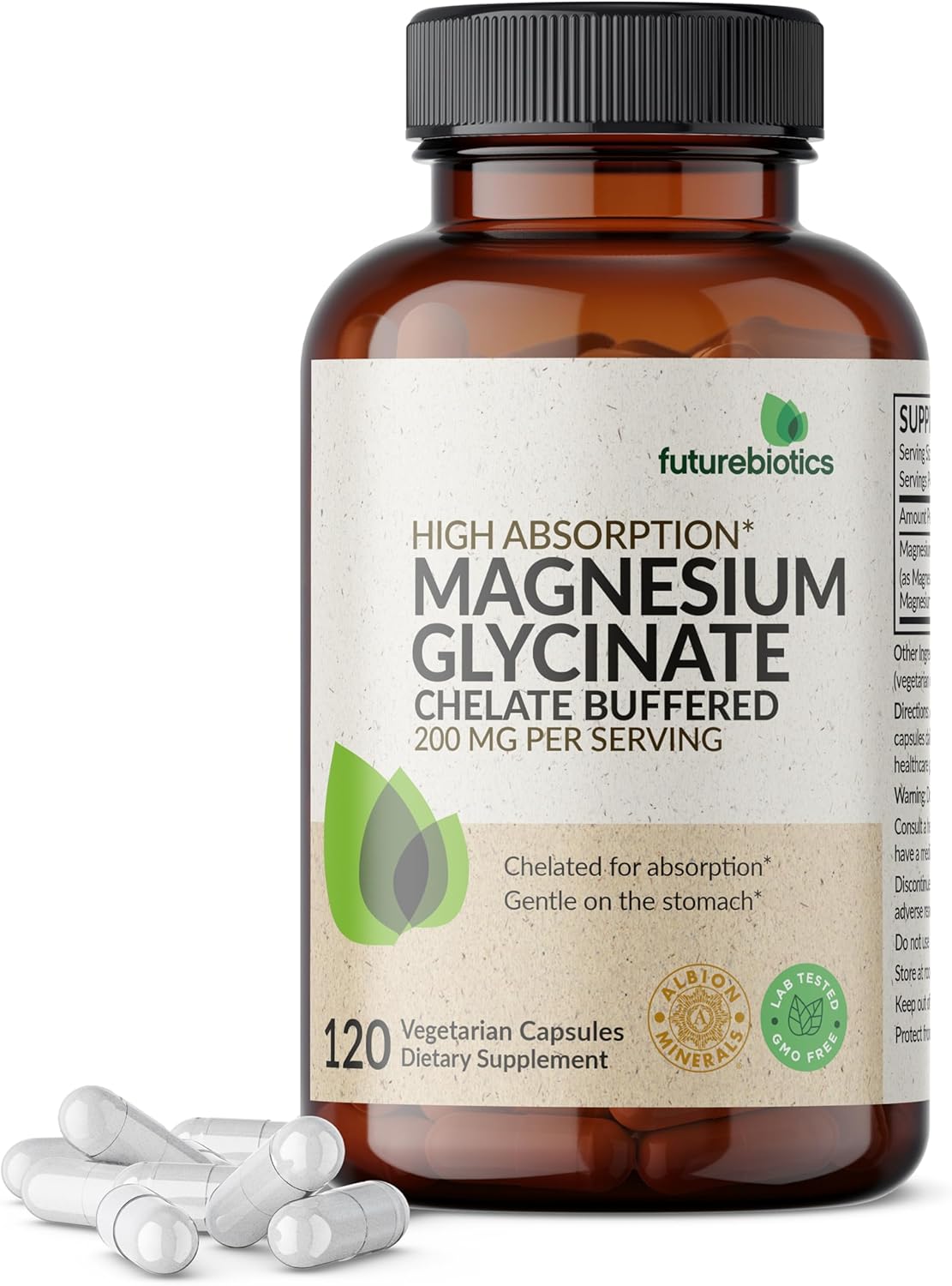 Futurebiotics Magnesium Glycinate 200 MG per Serving Chelated for High Absorption, Gentle On Stomach, Non-GMO, 120 Vegetarian Capsules