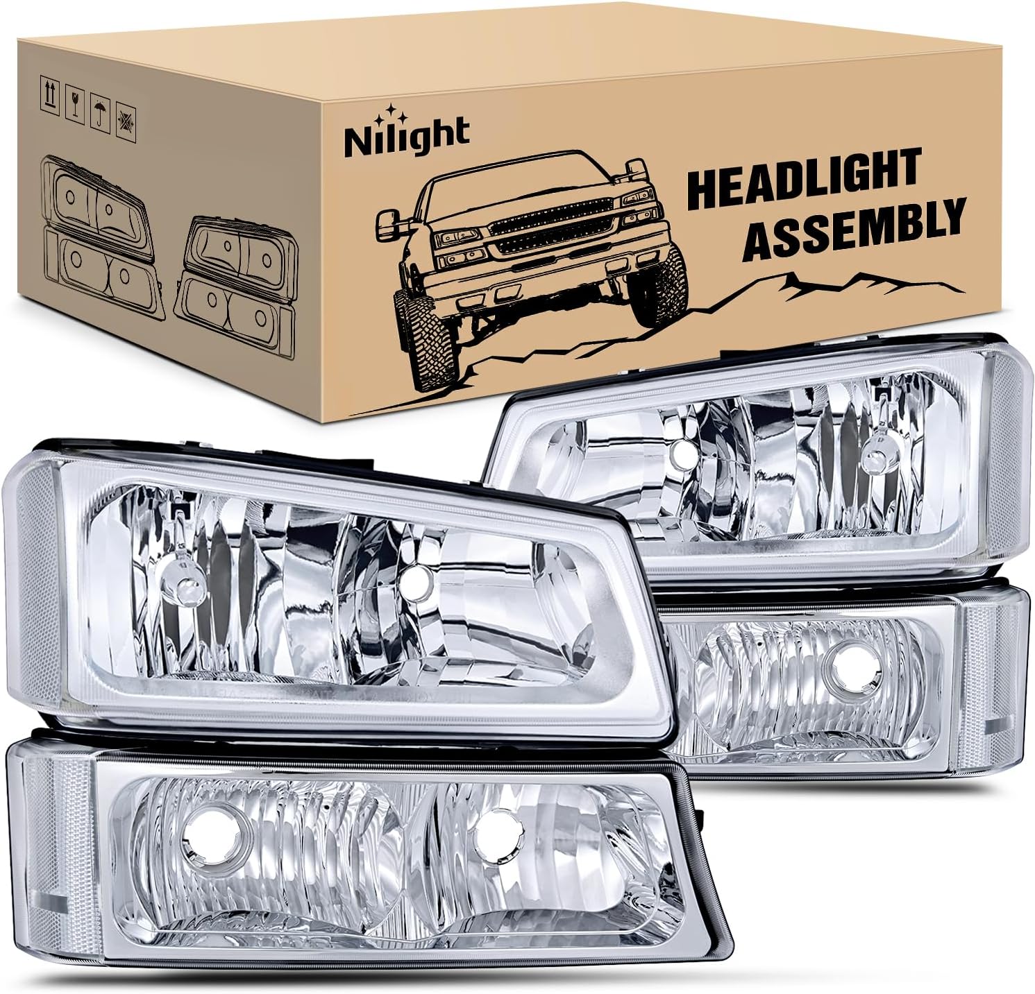 Nilight Headlight Assembly for 2003 2004 2005 2006 Chevy Silverado Avalanche 1500 1500HD 2500 2500HD 3500 Chevrolet Pickup Replacement Headlamp Housing Bumper Lamp Set