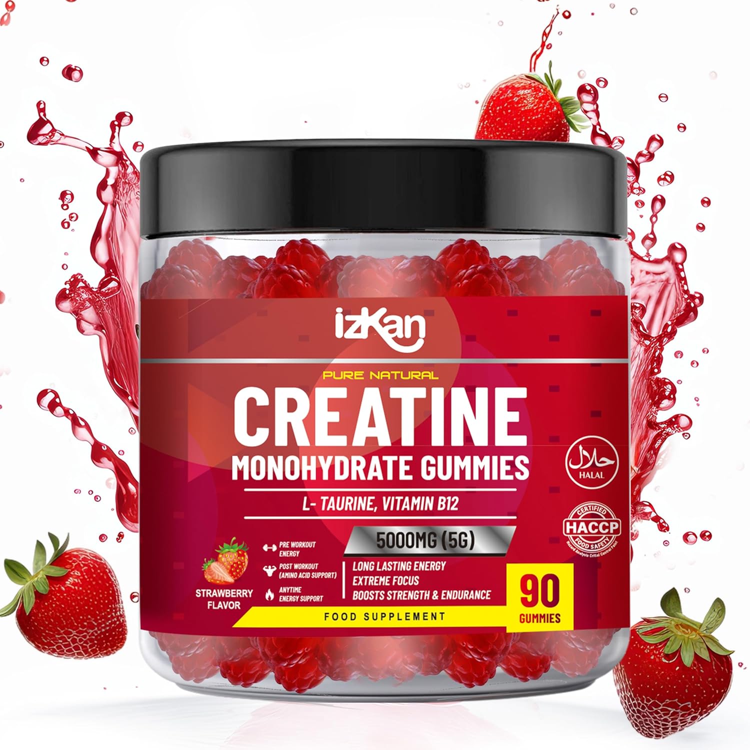 Creatine Gummies 5000mg (5G) for Men & Women - 90 Chewable Creatine Monohydrate Gummies Strawberry Flavoured | Pre Workout Gym Supplement| Muscle Boost| 3 Per Day - Vegan & Halal (1X)