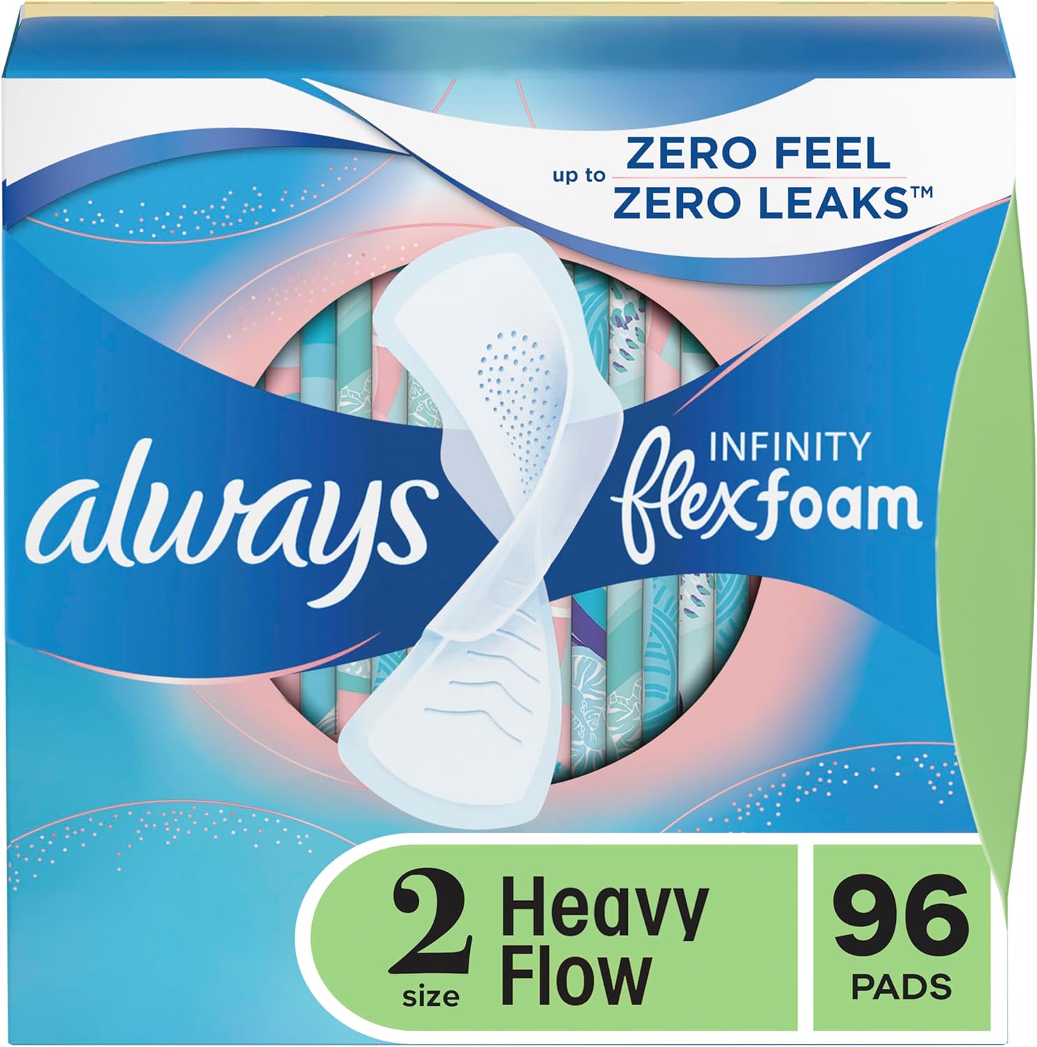 Always Infinity Feminine Pads for Women, Flexfoam Pads with Wings, Size 2, Heavy Absorbency, Unscented, 96 Count (Packaging May Vary)