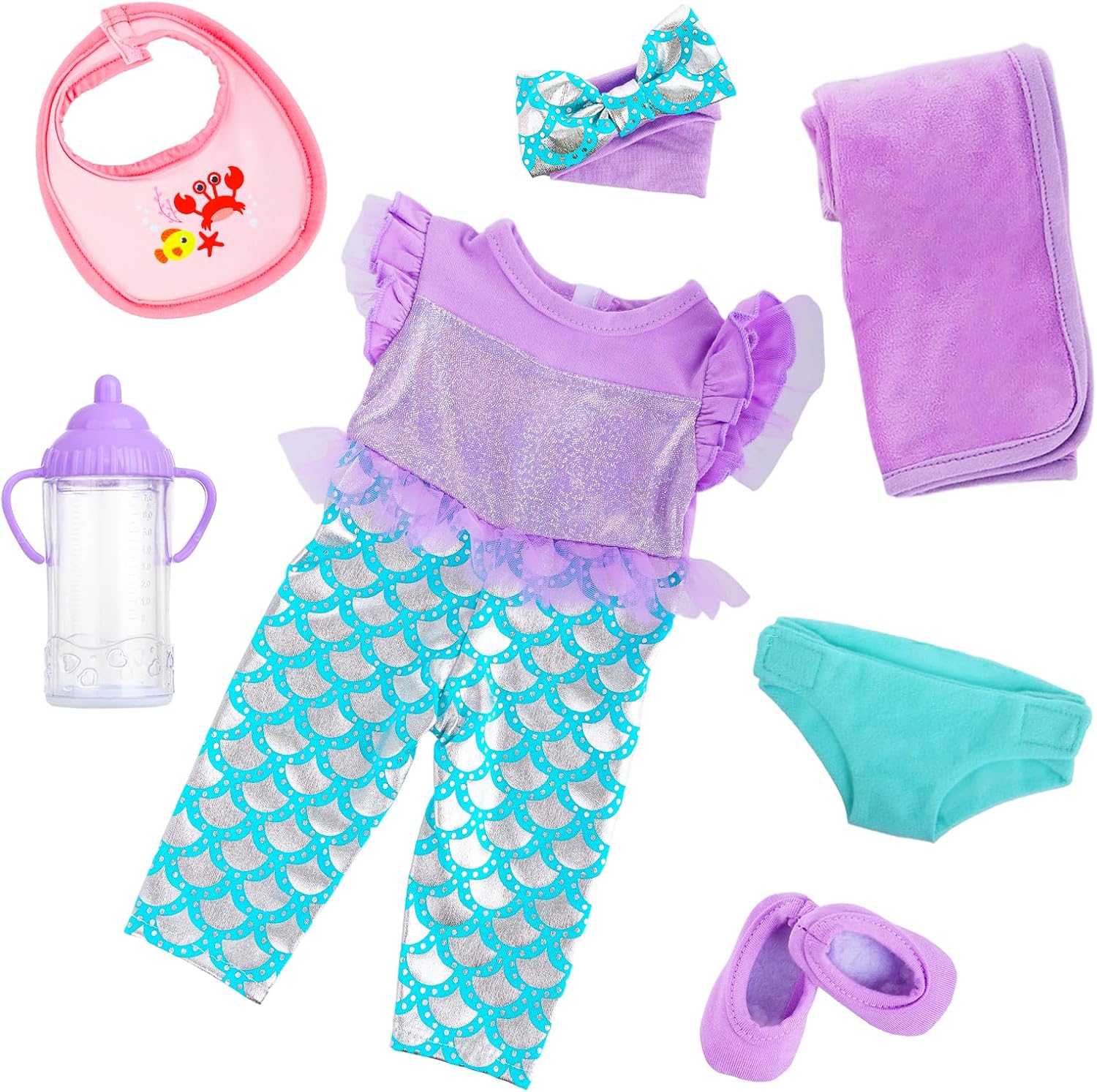 Baby Doll Clothes 16-18 Inch Mermaid -Themed Baby Dolls Accessories Set - Onesie Outfit, Blanket, Headband, Diaper, Bid, Bottle and Shoes