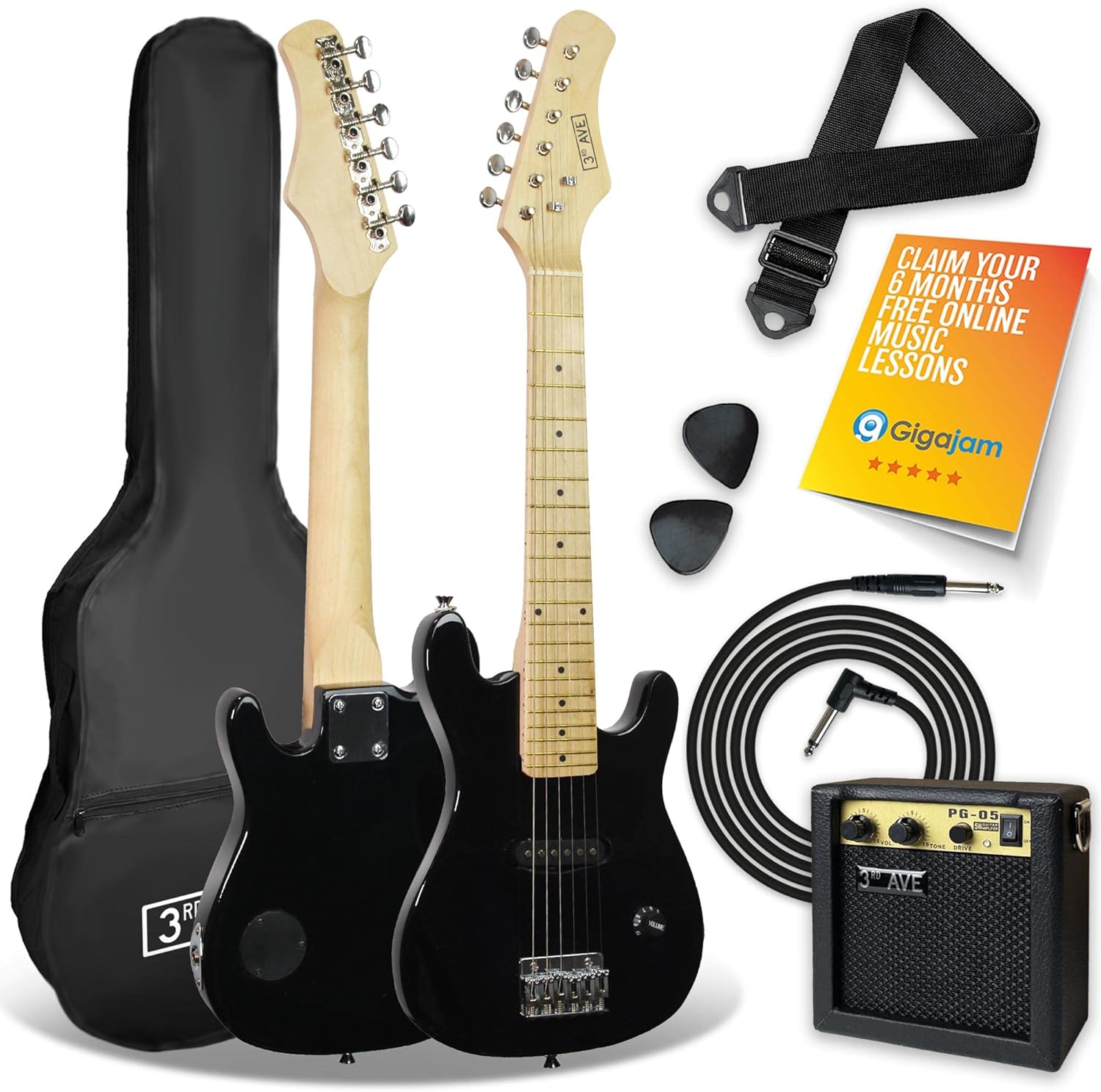 3rd Avenue 1/4 Size Kids Electric Guitar Pack for Junior Beginners - 6 Months FREE Lessons, 5W Portable Amp, Cable, Bag, Picks and Strap - Black