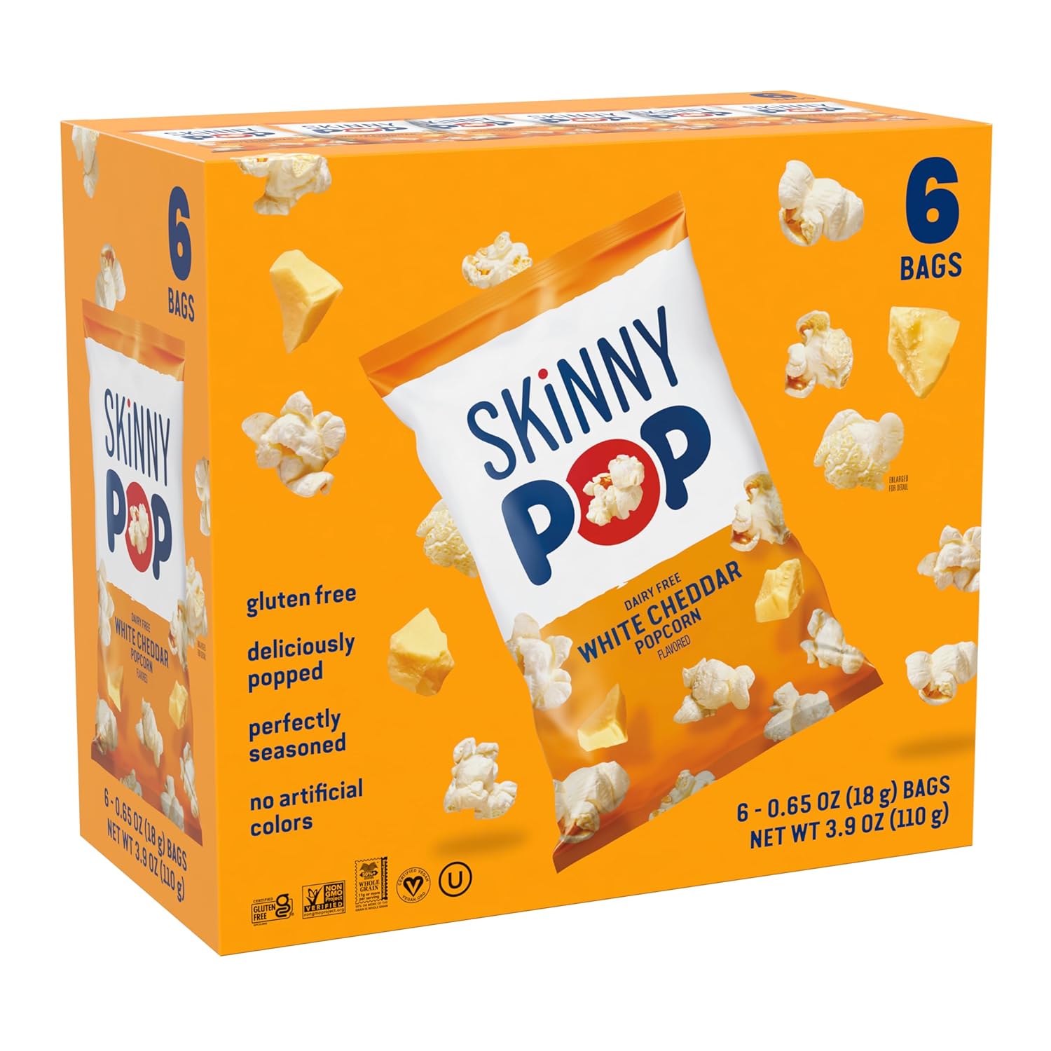 SkinnyPop Popcorn, White Cheddar, Whole Grain, Dairy-Free Snack, 0.65oz Bags (6ct)
