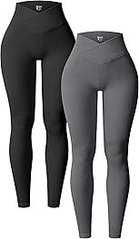 OQQ Women's 2 Piece Yoga Leggings Ribbed Seamless Workout High Waist Cross Over Athletic Exercise Leggings