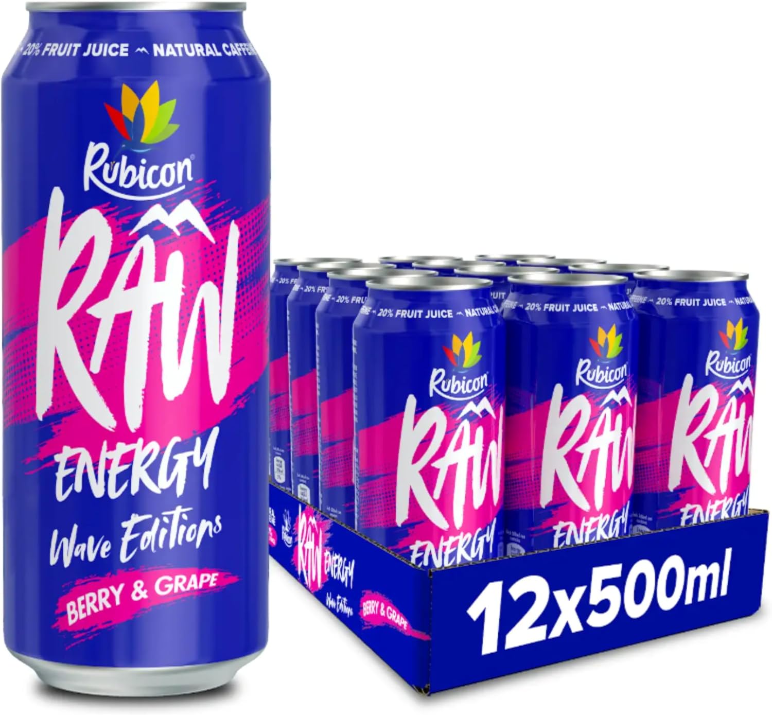 Rubicon RAW 12 Pack Berry & Grape Wave Edition Energy Drink, 20% Real Fruit Juice, High caffeine with B-Vitamins, Ginseng & Guarana, No Artificial Colours or Flavours, Reduce Tiredness & Boost Energy