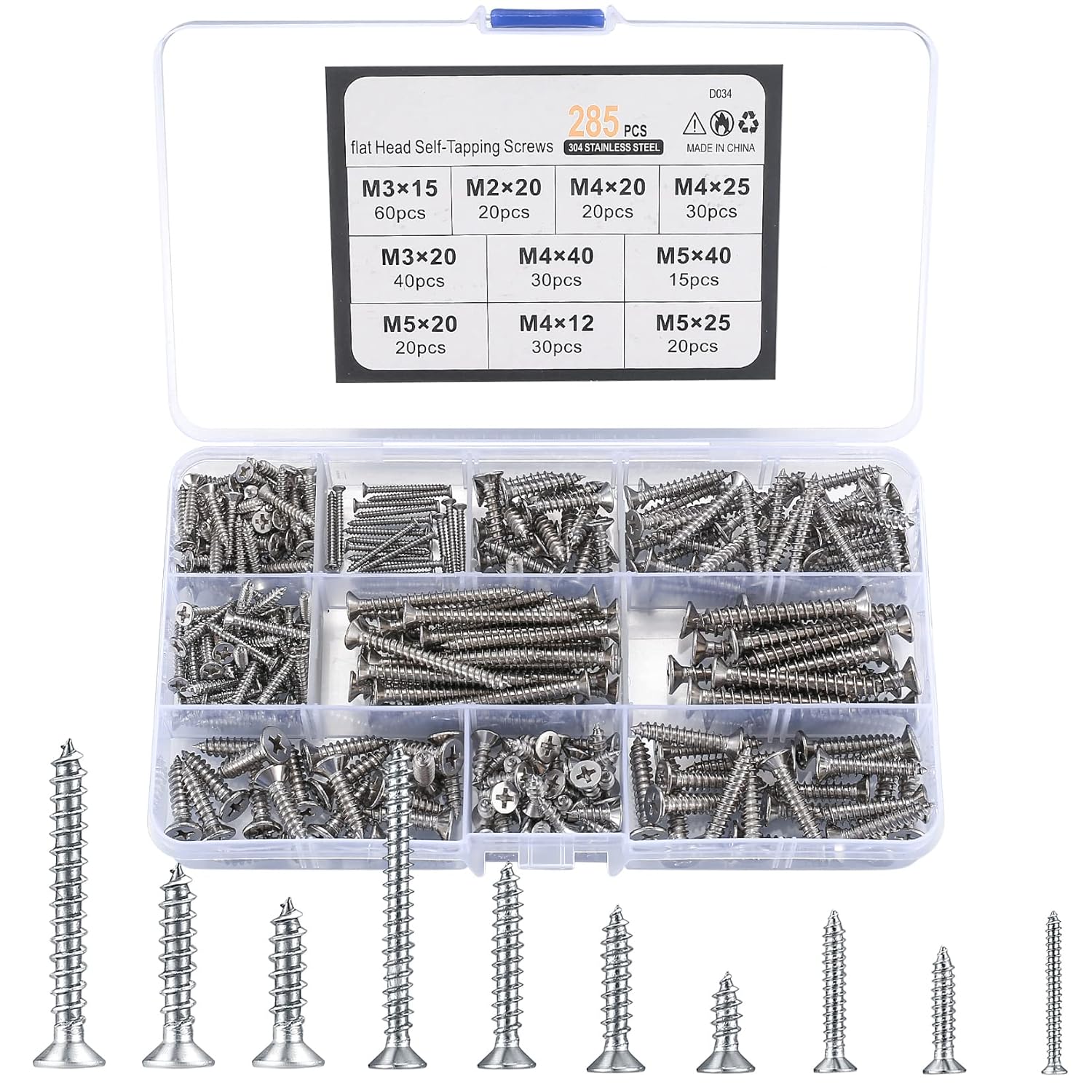 XxinXrong285 Pcs Self Tapping Screws Assortment Set, M2/M3/M4/M5 Stainless Steel Self Drilling Wood Screws,Flat-head countersunk wood screw set with storage box， Repair, Woodworking