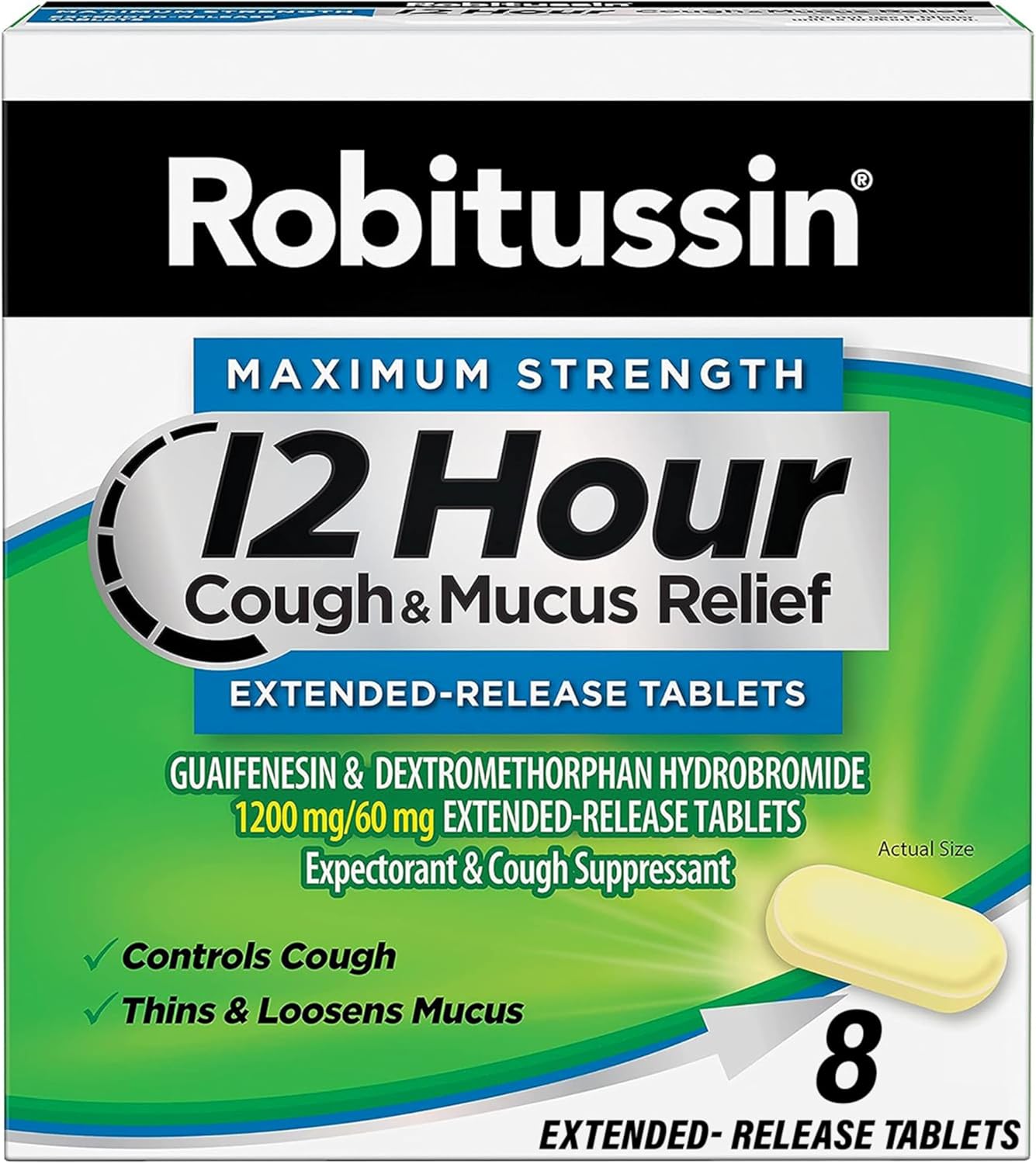 Robitussin Maximum Strength 12 Hour Cough and Mucus Relief, Expectorant and Cough Suppressant, 8 Extended-Release Tablets