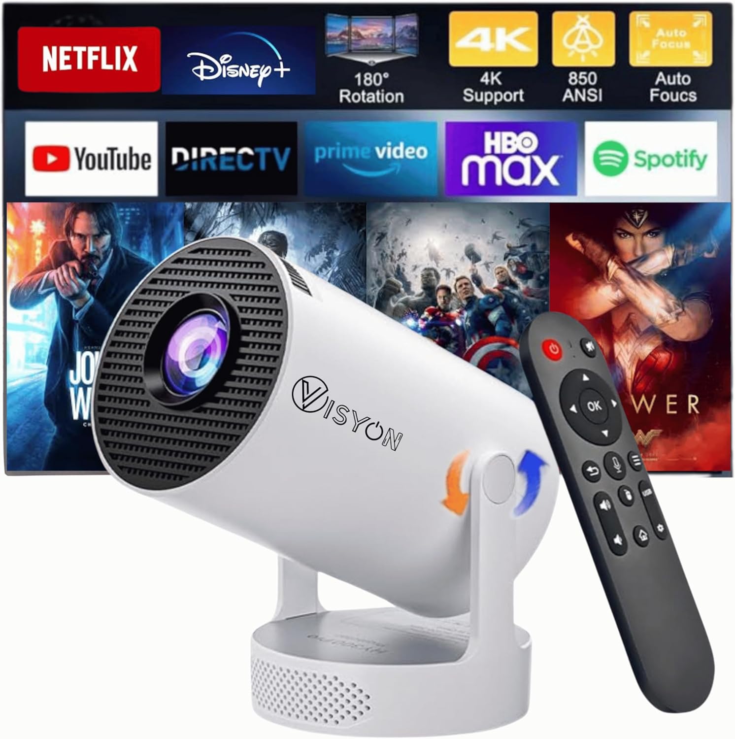 [2025 Upgraded & Android 11.0] Visyon Portable Projector 1080P Support -12000 Lumens Mini Projector For Home Theater, Gaming – Compatible TV Stick/Windows/iOS/Android/HDMI/USB (HY300 ULTRA)