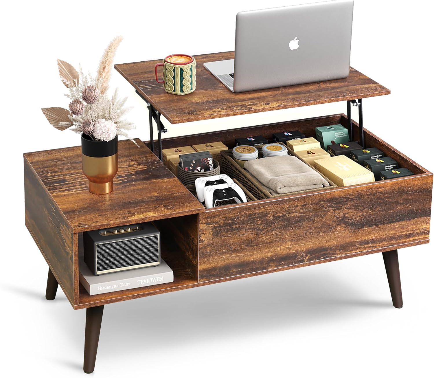 WLIVE Lift Top Coffee Table, 100cm Multifunctional Storage Table with Hidden Compartment, Convertible Dining & Workspace for Living Room, Rustic Brown