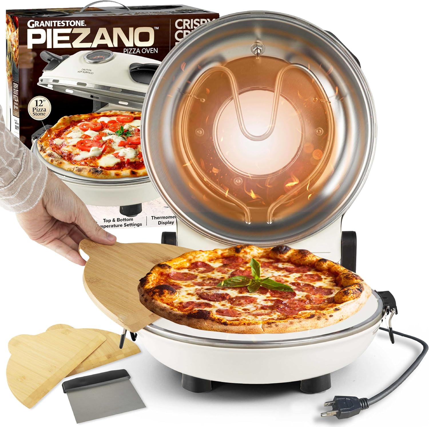 PIEZANO Crispy Crust Pizza Oven by Granitestone – 12 Inch Electric Pizza Oven Indoor Countertop Maker with Ceramic Stone Heats up to 800˚F for Delicious Stone Baked Pizzeria Style Pizza at Home