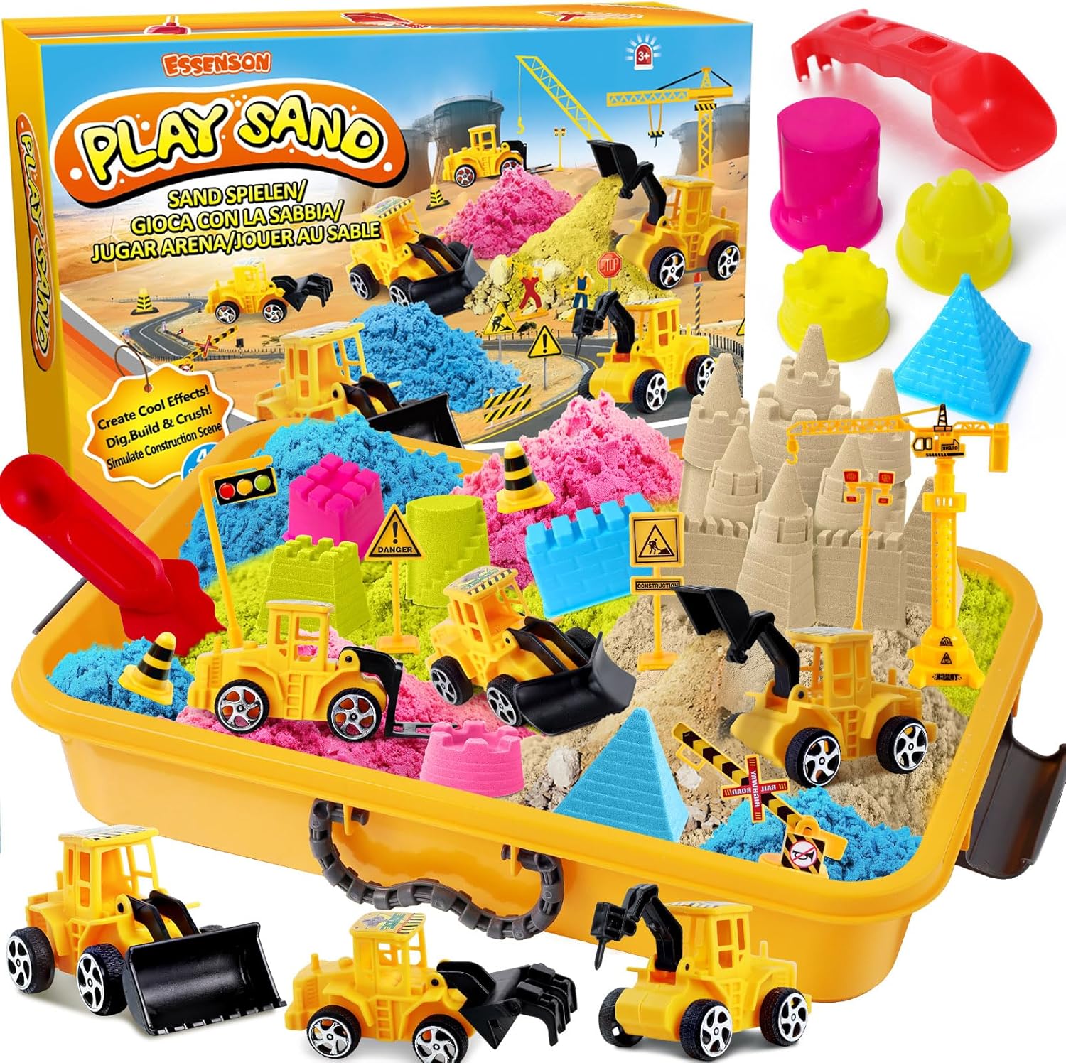 ESSENSON Sensory Bin - Play Sand Kit with Construction Set Toy Truck and 4lbs Magical Sand, Pretend Play Beach Sensory Toy Sandbox, Kids Gifts for Girls and Boys