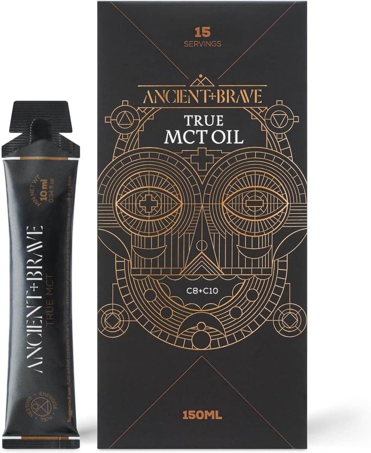 Ancient + Brave True MCT Oil 15 x 10ml | Blend of C8 and C10 MCTs | Sourced 100% from Coconuts | High C8 & C10 | No Palm Oil | Neutral Flavour | Coconut Derived | Odourless, Tasteless