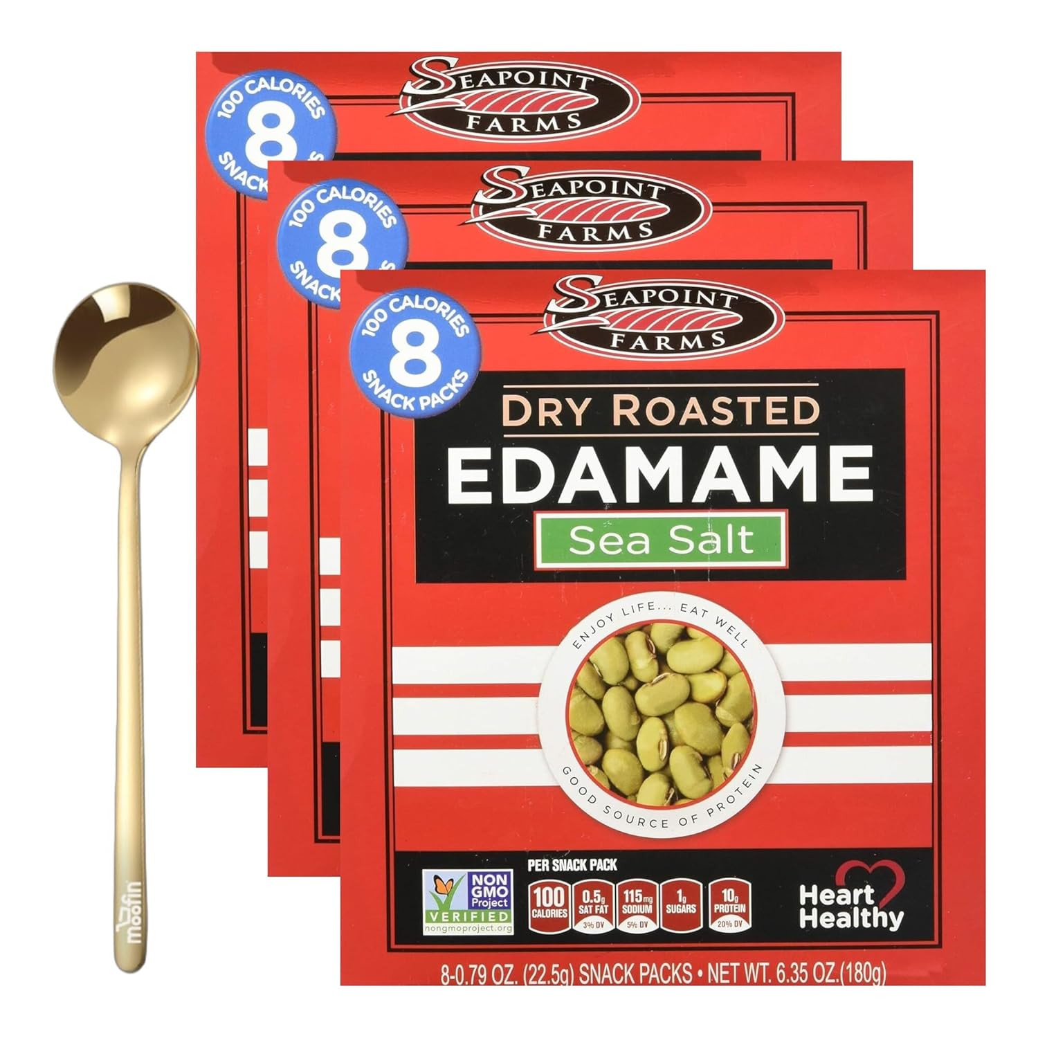 Dry Roasted Edamame Sea Salt, 180g - Protein-Rich Roasted Edamame Snacks Bundle With Golden Ss Spoon - Convenient 8-Pack, Low Sodium, Non-Gmo Snack Packs [Pack Of 3]