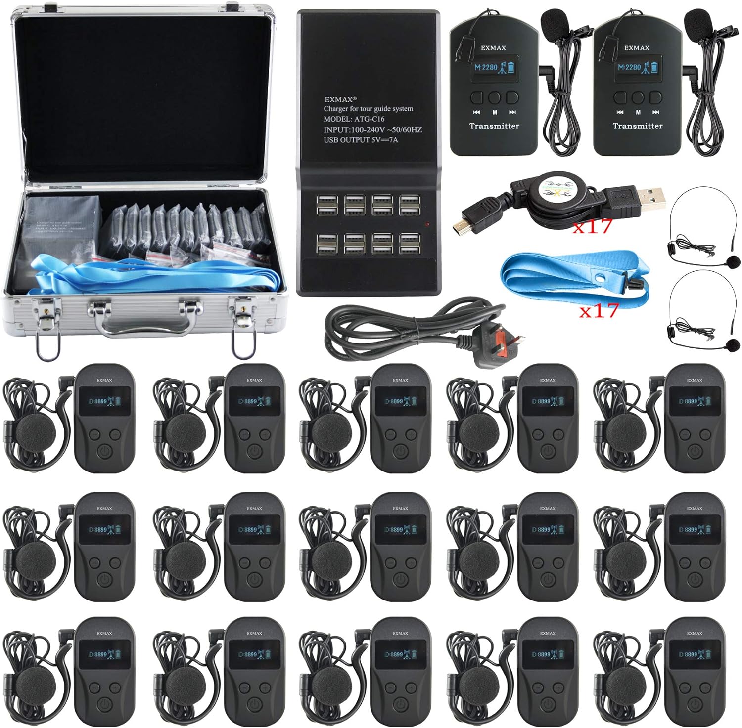 EXMAX EXD-101 2.4GHz Wireless Tour Guide System for High-Level Exhibition, Civic Meeting, VIPs Reception,Walking Tour - 2 Transmitters 15 Receivers & 16-port Multi-charger with Silver Storage Case