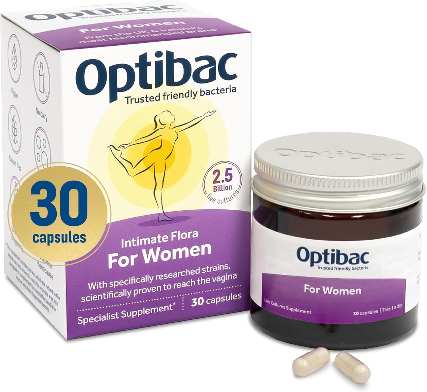 Optibac Probiotics For Women - Vegan Probiotic to Support Vagina Flora and Urinary Tract Health, 2.5 Billion CFU - 30 Capsules