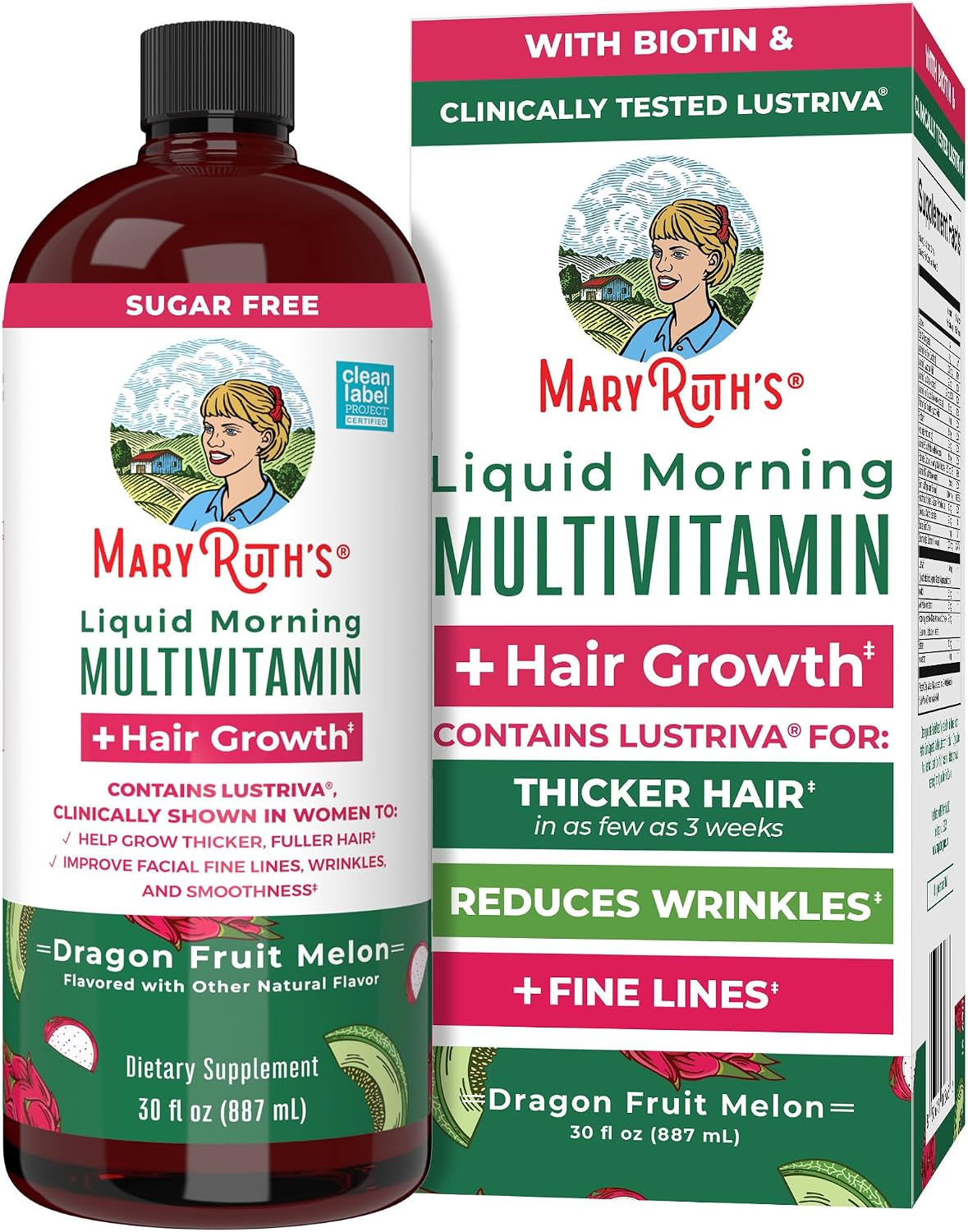 MARYRUTH'S Liquid Multivitamin + Hair Growth | Clinically Tested in Women for Thicker Hair & Facial Wrinkles | Biotin 10000mcg | Lustriva Hair Growth Supplements | Skin Care | Ages 18+ | 30 Fl Oz