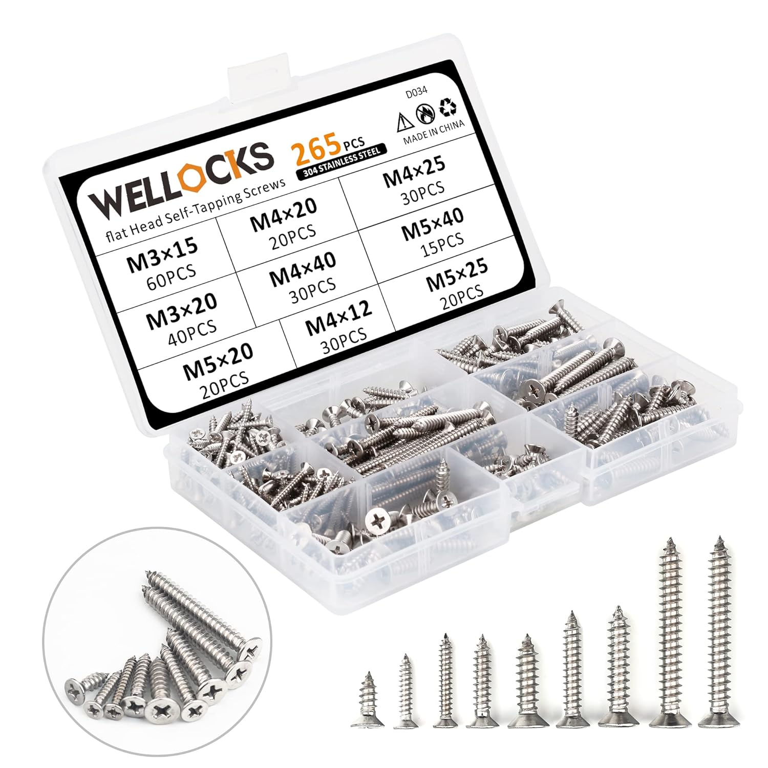 WELLOCKS Assorted Self Tapping Screws | 265 PCS M3/M4/M5 Stainless Steel Screws Assortment Kit | Phillips Flat Head Countersunk Wood Screw Set with Storage Box | for Homemade Repairment Woodwork(D034)