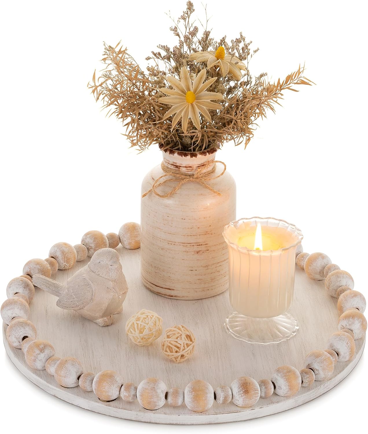 Hanobe Decorative Tray for Coffee Table: Wooden Small Round Serving Tray for Centrepiece Boho Decor - White Rustic Candle Plate for Dining Counter Display 30cm