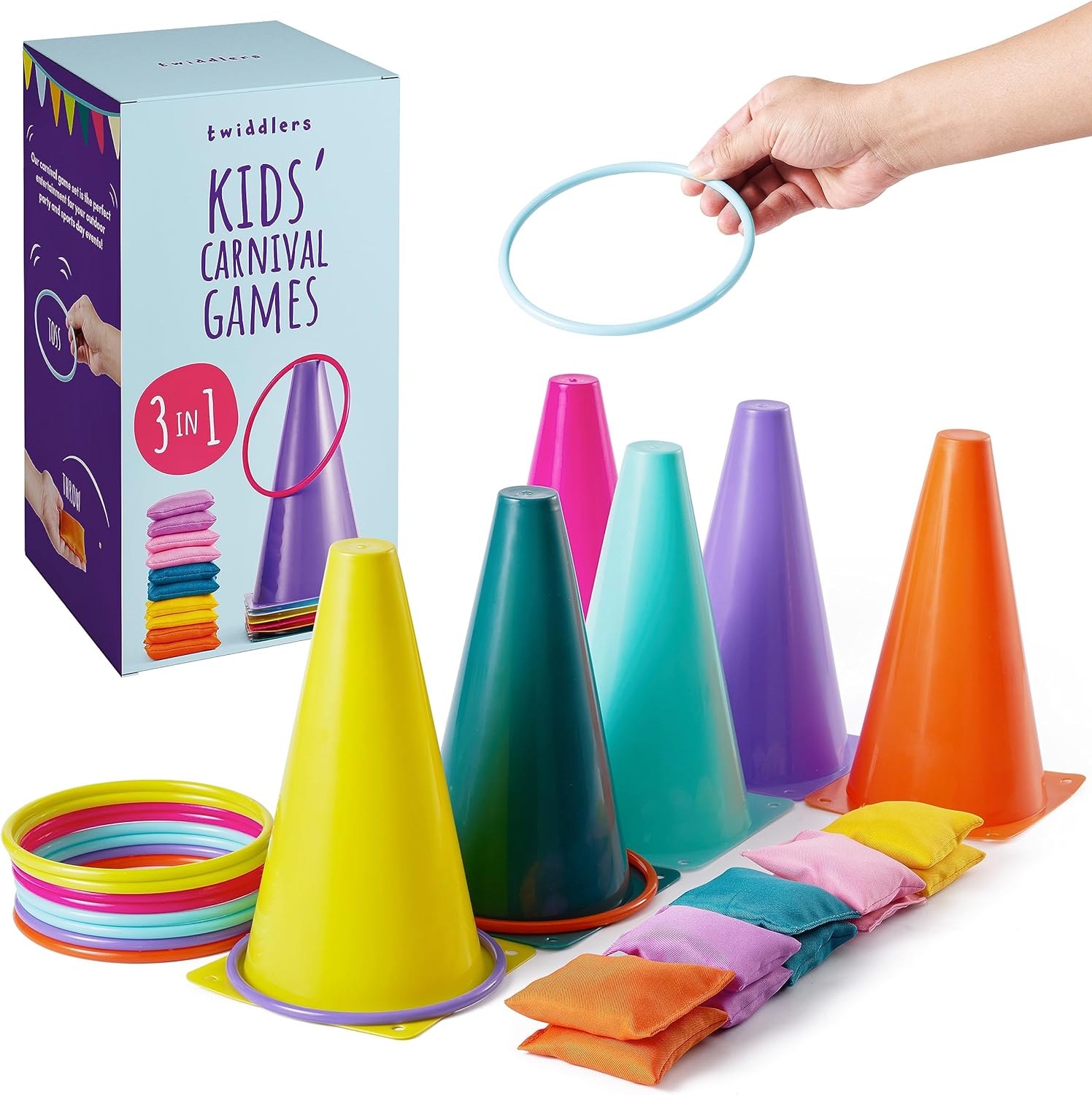 THE TWIDDLERS 3 in 1 Carnival Games Set, Ring Toss Party Game for Kids Play, Colourful Hoops and Cones, Bean Bag Throwing Toy for Children Carnival Set, Birthday Outdoor Game Fun Activity