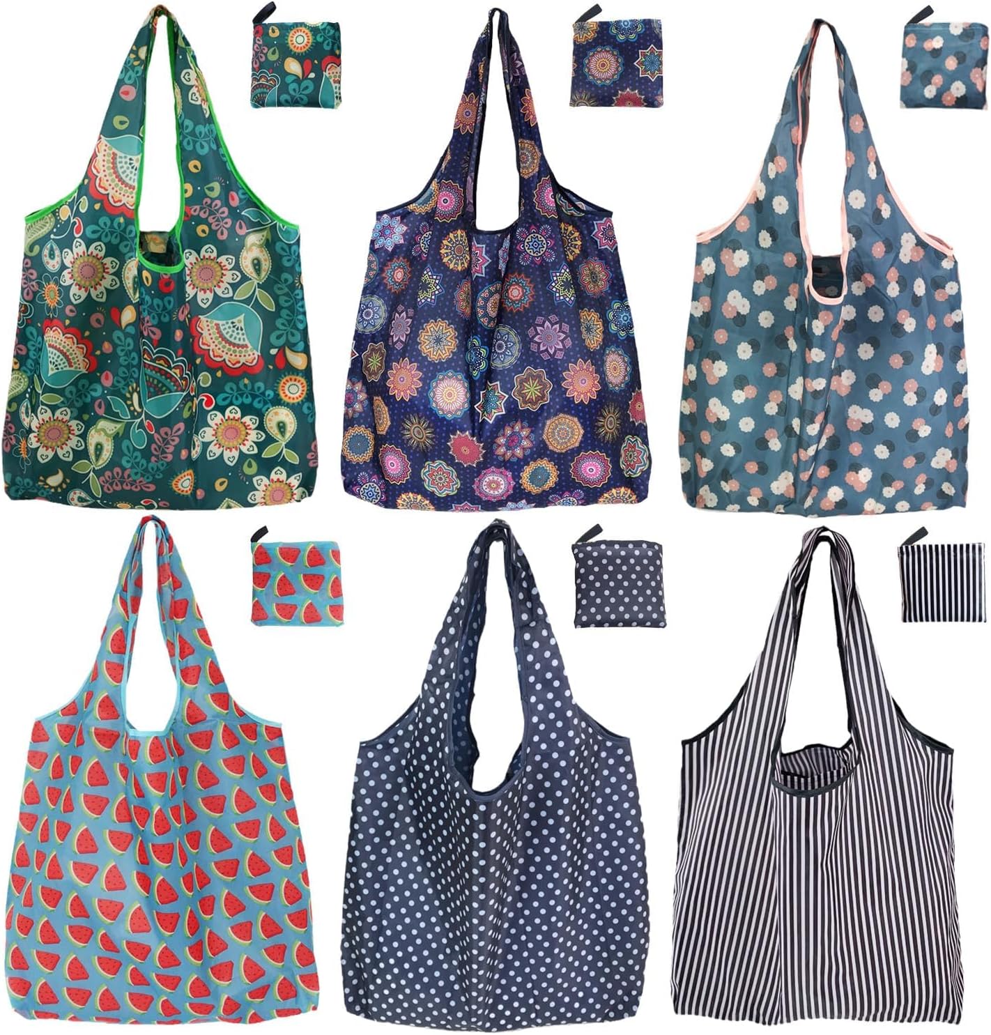 Reusable Grocery Bags, 6 Pack 50Lbs Foldable Fashion Washable Shopping Bags, Large Boho Tote Bags For Groceries, Bulk Market Cloth Storage Bags, Utility Aesthetic Personalized Gifts For Women