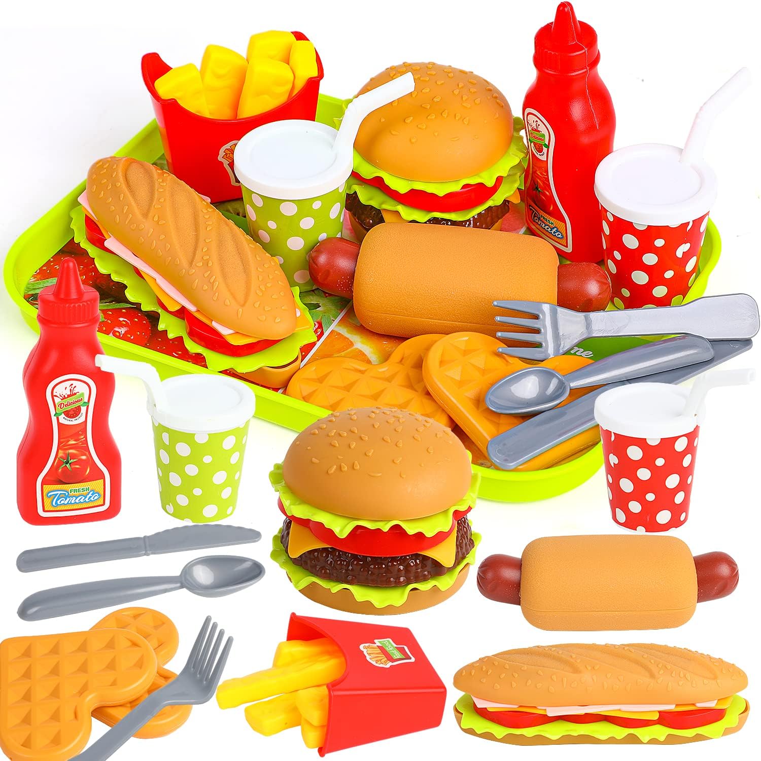 FINGOOO Pretend Play Food Set, Hamburger Fries Pizza Popcorn Toys Role Play Take Apart Educational Gift for Kids Boys Girls