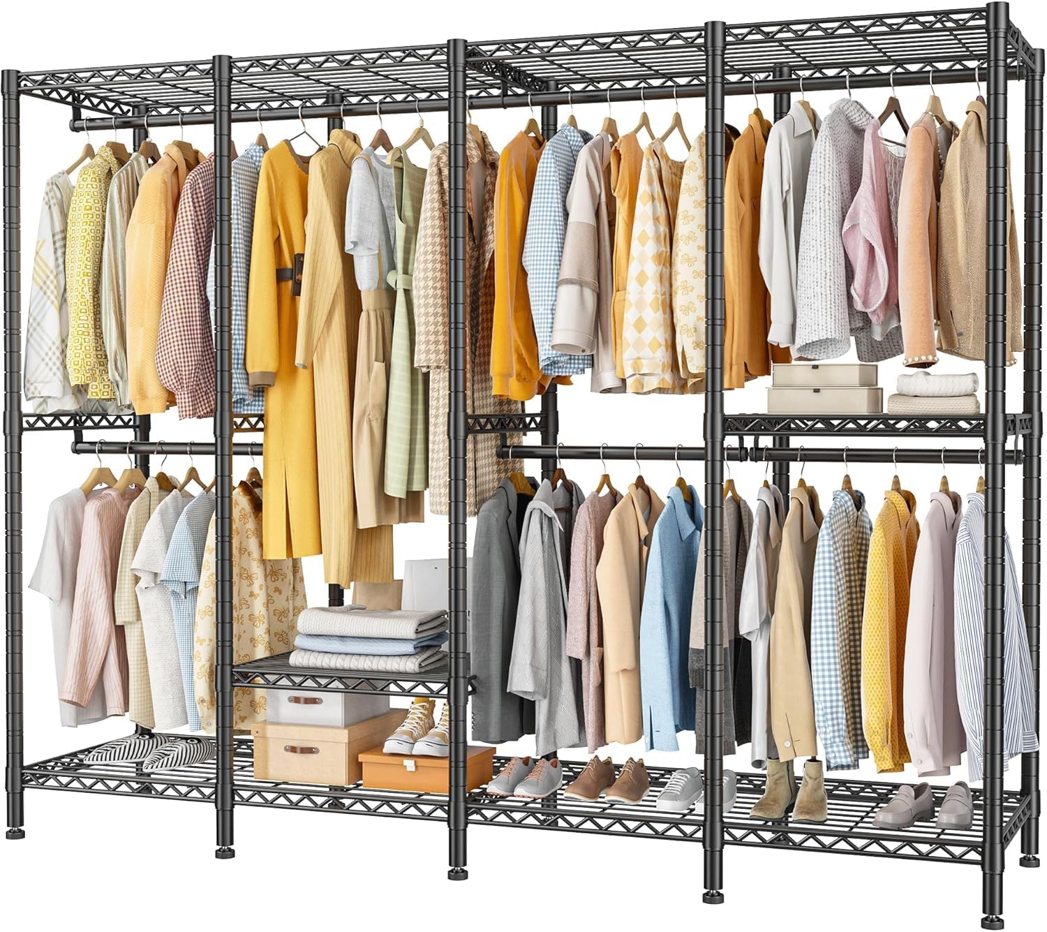 REIBII 500kg Heavy Duty Clothes Rail, 195H x 193W x 45D cm, 2-in-1 Adjustable Shelves and Hanging Rails, Linear & L-Shape Two-Modes, Space-Saving Walk-in Closet for Bedroom, Shop, Corner
