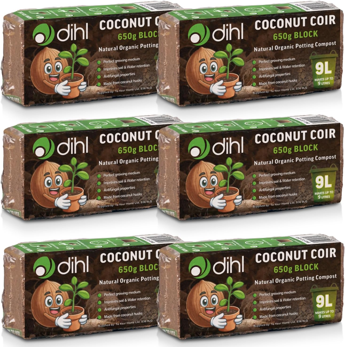 Dihl 6x 650g Organic Coconut Coco Coir Fibre Compost Block Bricks, 100% Natural Compressed Peat-Free Garden Growing Medium, Seedling Potting Bedding Soil, pH Balanced - 3.9 KG 54L