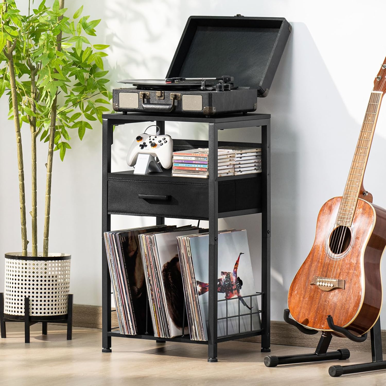 LELELINKY Record Player Stand with Fabric Drawer, 3 Tier AV Media Stands with Charging Station and USB Ports,Turntable Rack with Storage Up to 100 Vinyl Albums, Black DVD Video Game Console Shelf