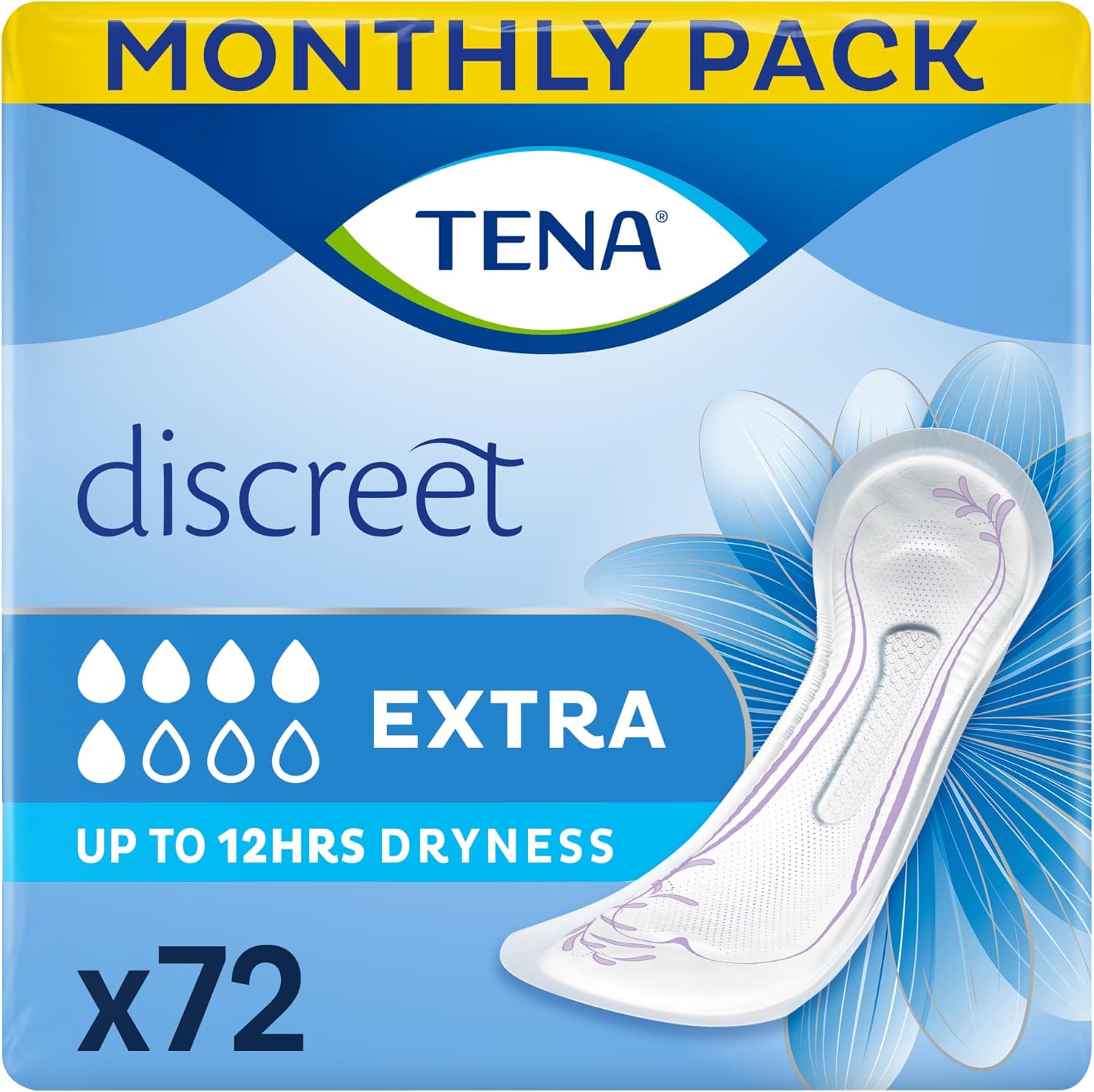 TENA Discreet Extra, 72 Incontinence Pads (12 x 6 packs) Individually Wrapped, for Women with Medium Bladder Weakness, Incontinence and Unpredictable Leaks