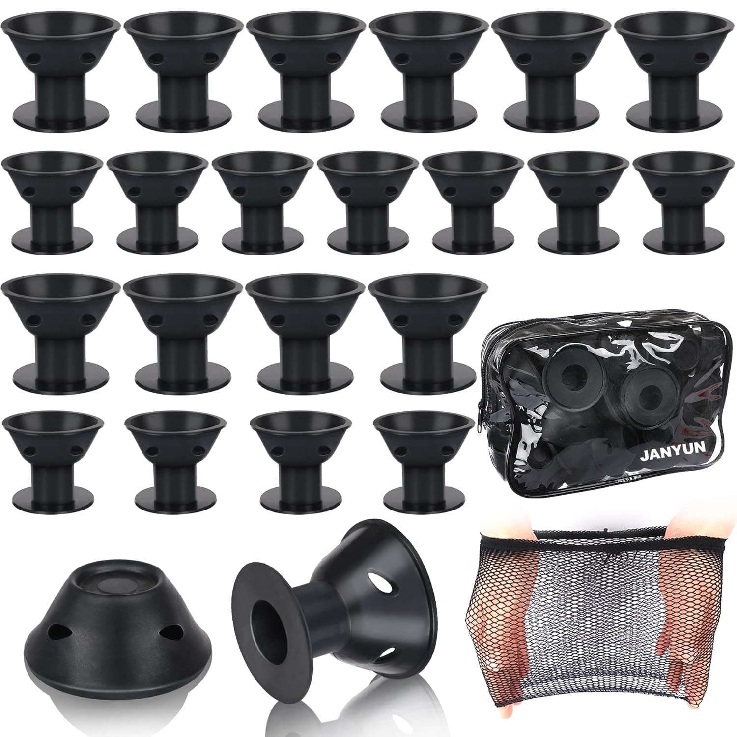 JANYUN 40 Pcs Black Magic Silicone Hair Rollers Include 20pcs Large Sleeping Curlers and 20pcs Small Silicone Hair Curlers (Pure Black)