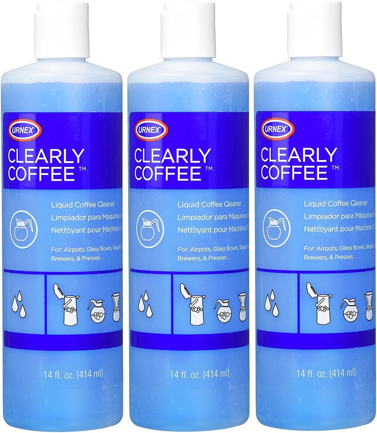 Urnex Clearly Coffee Pot Cleaner - 3 Pack - Made in the USA - French Press Liquid Cleaner for Glass Bowls Airpots Satellite Brewers and Thermal Servers Removes Coffee Oils