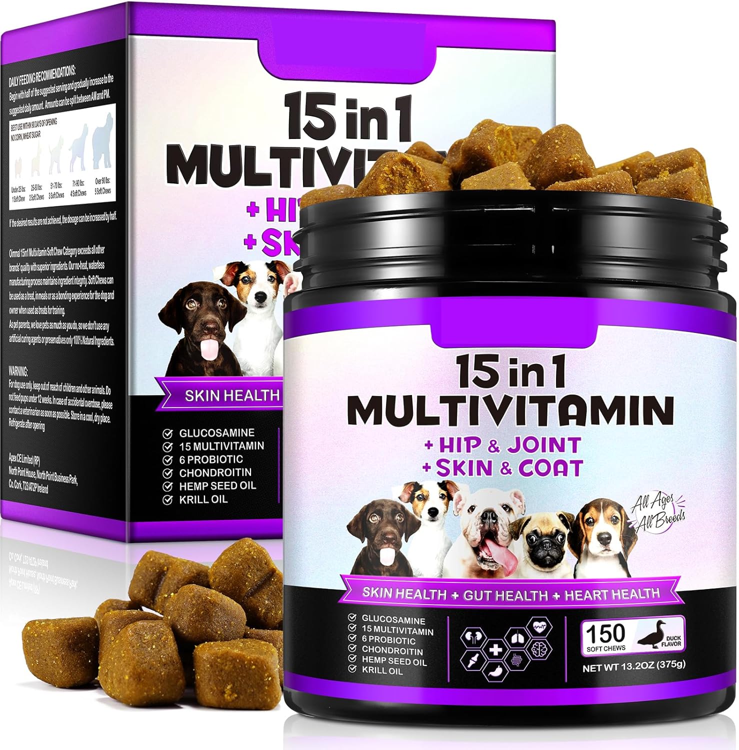 Dog Vitamin Supplements, 15-in-1 Dog Multivitamin, Vitamins for Dogs Hip and Joint, Skin Health, Gut Health, Immune System and Improve Mobility with Vitamin C, Probiotics for Dogs (150 Chews)