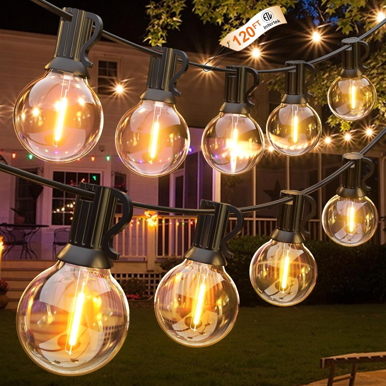 GLUROO 120FT Outdoor String Lights, G40 LED Patio Lights with 64pcs Bulbs, Waterproof Shatterproof Dimmable Globe Hanging Outdoor Cafe Bistro Porch Outside Light, 2Packs * 60ft