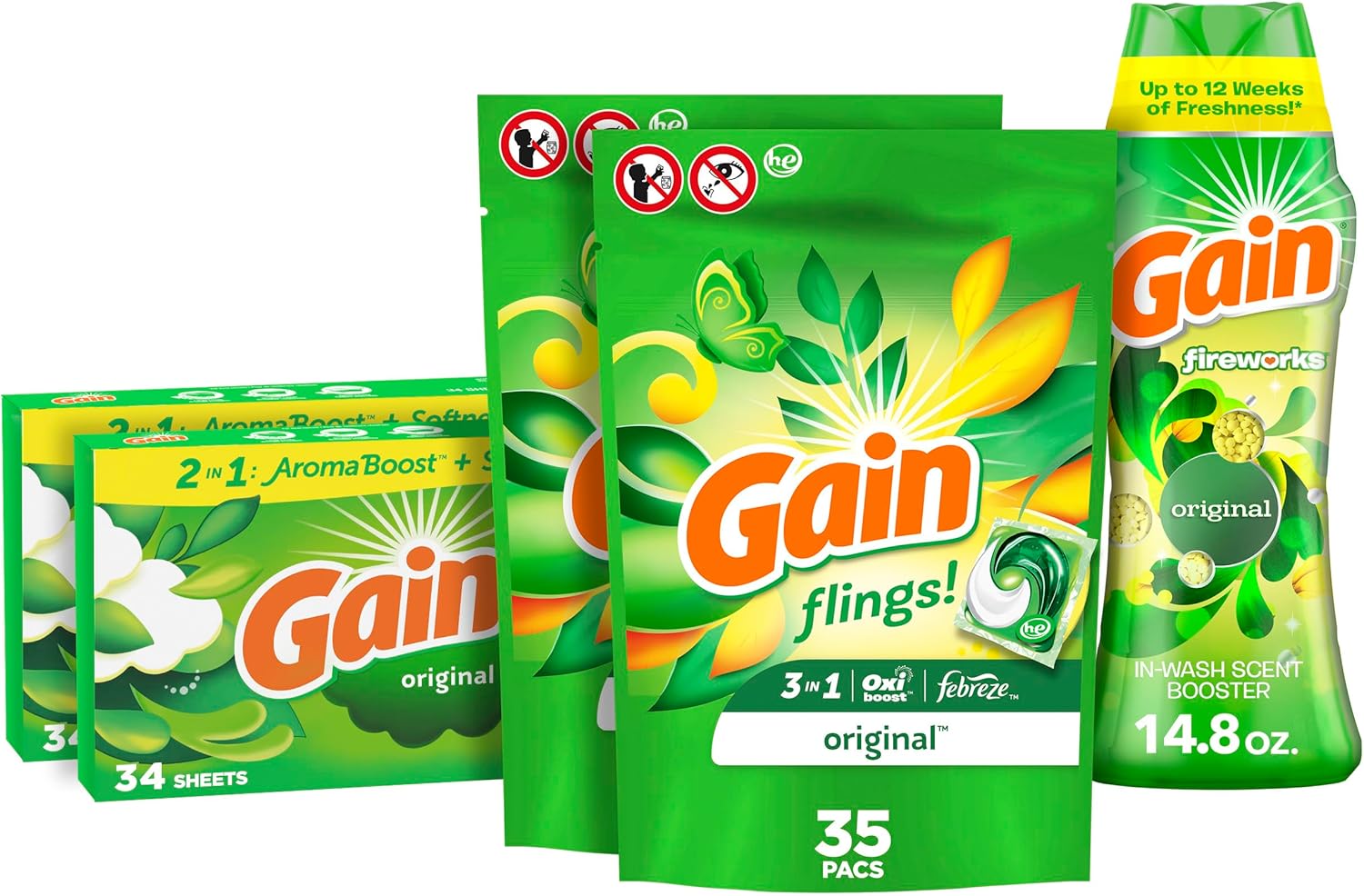 Gain Laundry Bundle: Gain Flings Laundry Detergent Pacs (2x35ct), Dryer Sheets (2x34ct), Fireworks Laundry Scent Booster Beads (14.8oz)
