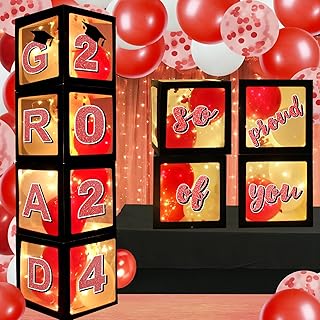 AOKE Graduation Party Decorations 2024 Graduation Balloon Boxes, 4Pcs Graduate Balloon Boxes with Balloon Light Strings Red Letter "GRAD 2024 So Proud of You" for School Graduation Party Supplies