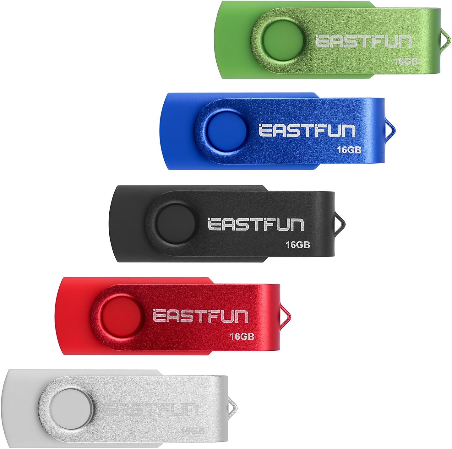 EASTFUN 5 Pcs 16GB USB 2.0 Flash Drive Fold Storage Memory Stick Thumb Drive Pen Drive Jump Drive Zip Drive Swivel Design, Mix Colors (White Red Black Blue Green)