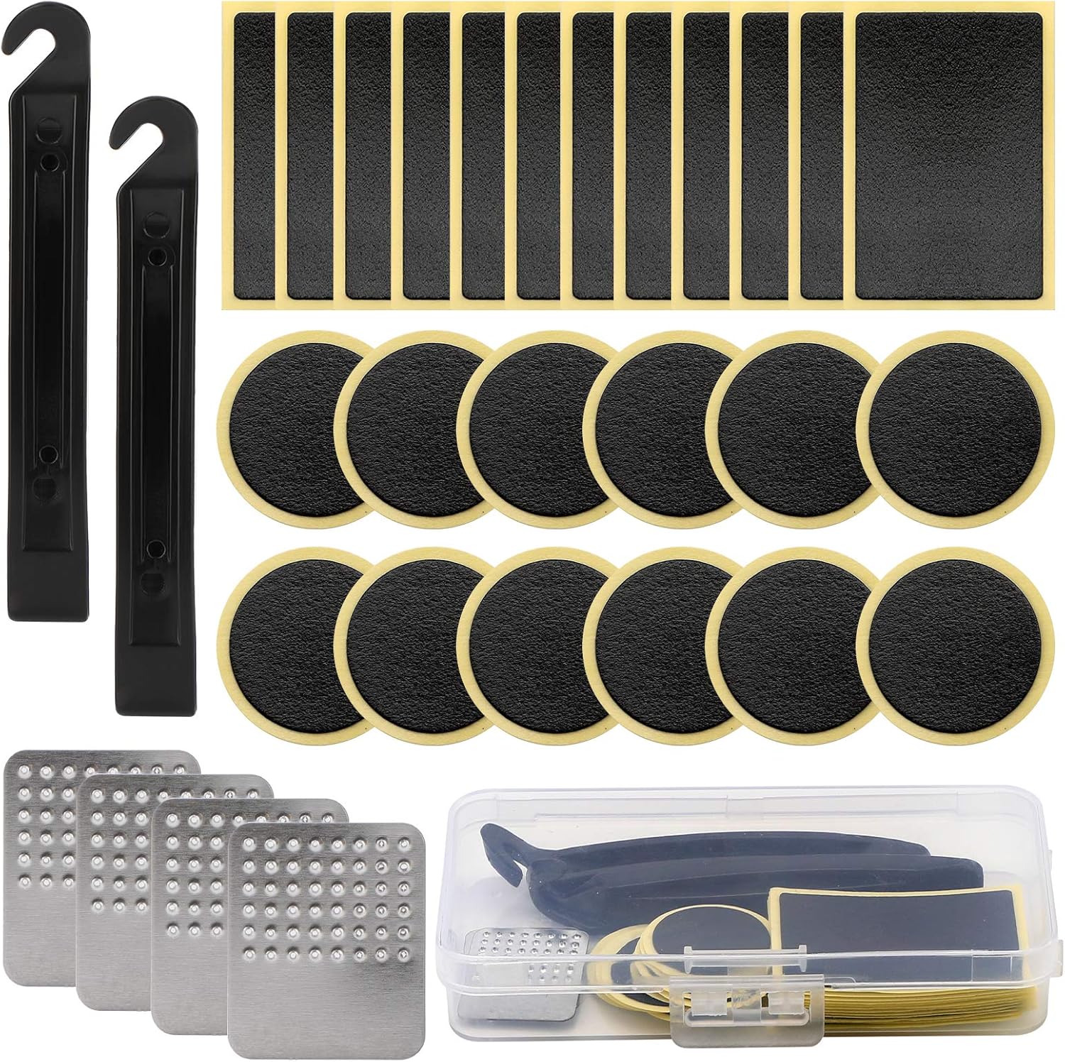 SAVITA 30Pcs Bike Tire Patch Repair Kit, Bicycle Motorcycle Tire Glueless Self-Adhesive Patches with Metal Rasps, Portable Storage Box for Road Mountain and Commuter Bikes