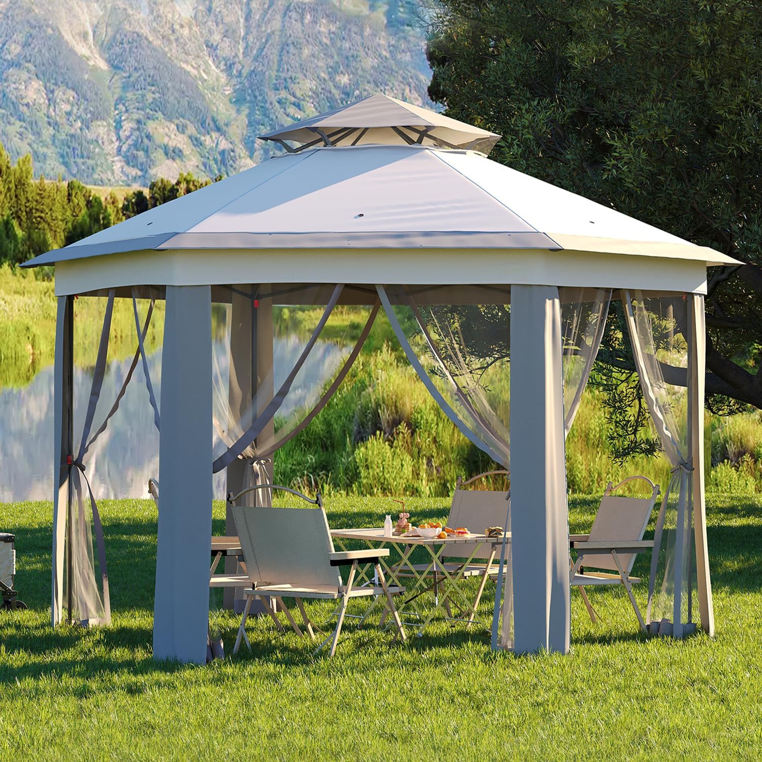 Garvee 13x13FT Pop Up Gazebo Screen Tent,Hexagonal Instant Gazebo Tent with Mosquito Netting Outdoor Canopy,6 Sided Sun Shelter with Mesh Netting,Pavilion Tents for Patio,Light Gray+Dark Gray