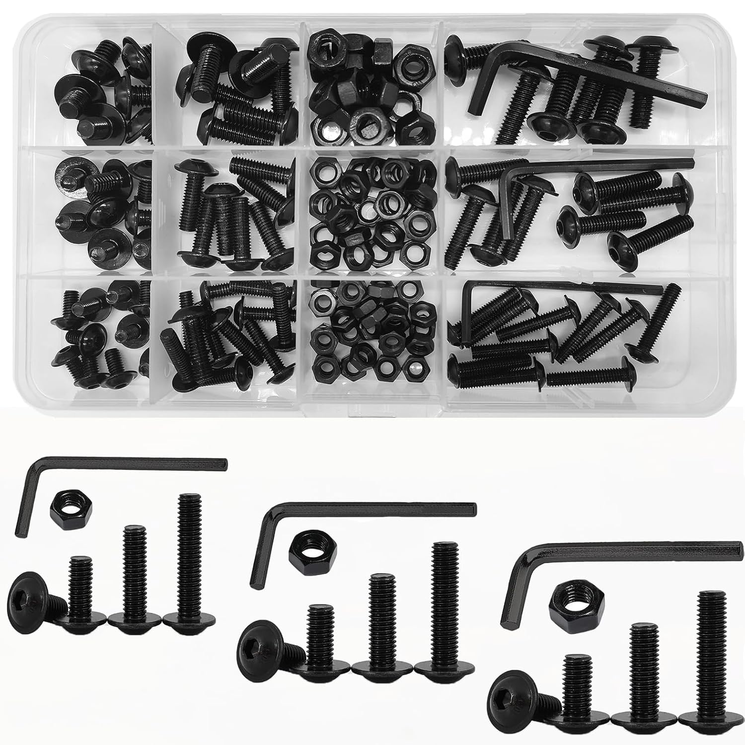 WeqeYent Black M4 M5 M6 Stainless Steel Nuts and Bolts Set, Flanged Button Head Socket Cap Bolts with Wrenches, Hex Socket Machine Screws with Washer (147 Pcs)