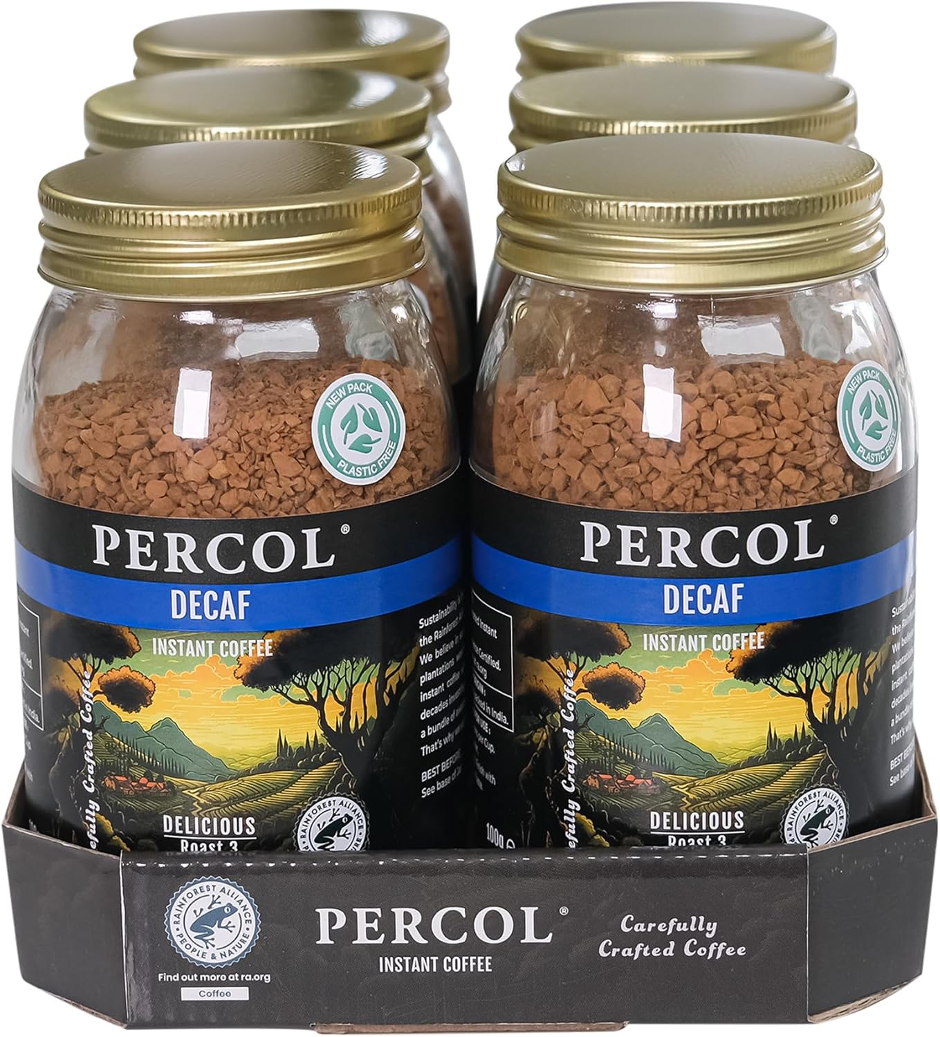 Percol - Delicious Decaf Instant Coffee (6x100g), 100% Hand-Picked Arabica Beans, Freeze Dried, Rich & Velvety Smooth, Strength 3, Single Origin, Sustainable, Recyclable