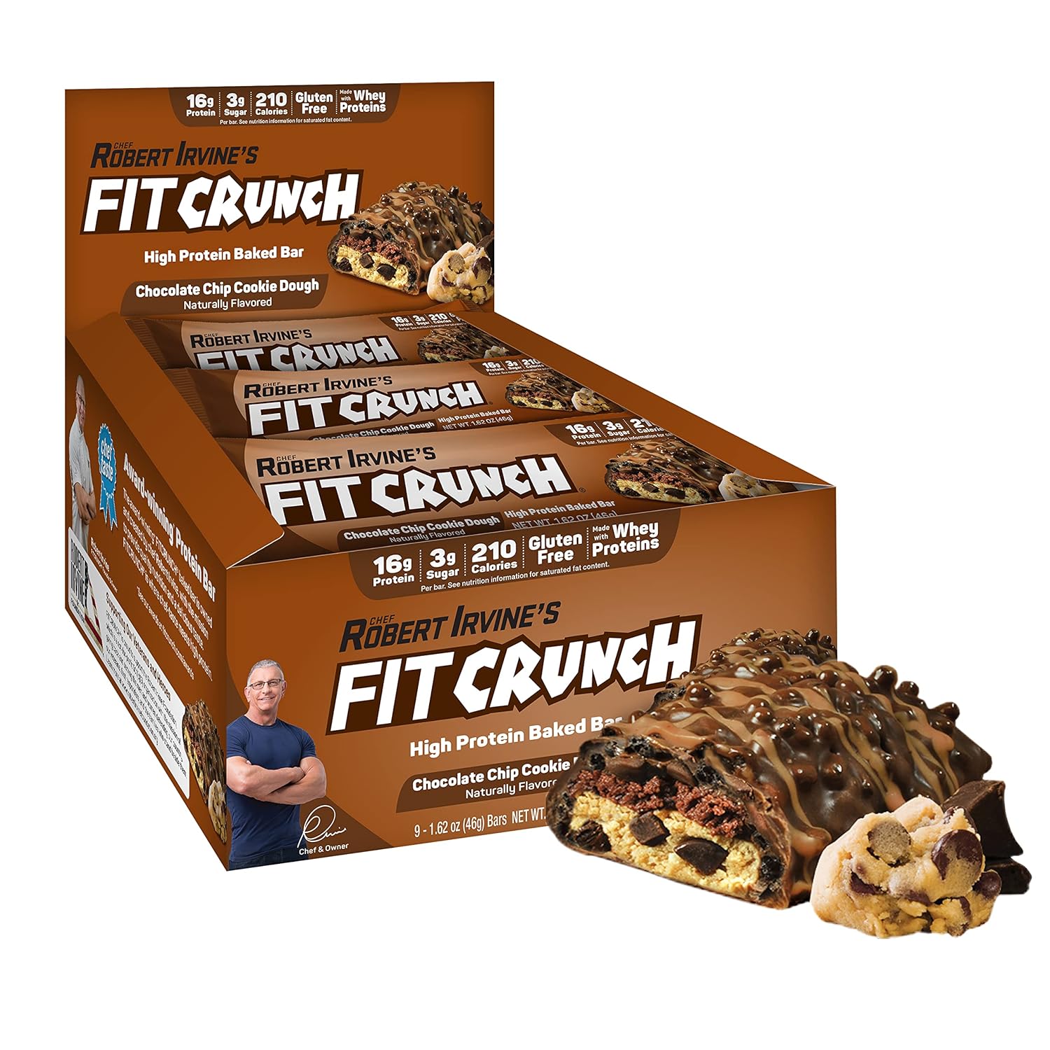 FITCRUNCH Snack Size Protein Bars, 6-Layer Baked Bar, 3g of Sugar, Gluten Free & Soft Cake Core (9 Bars, Chocolate Chip Cookie Dough)