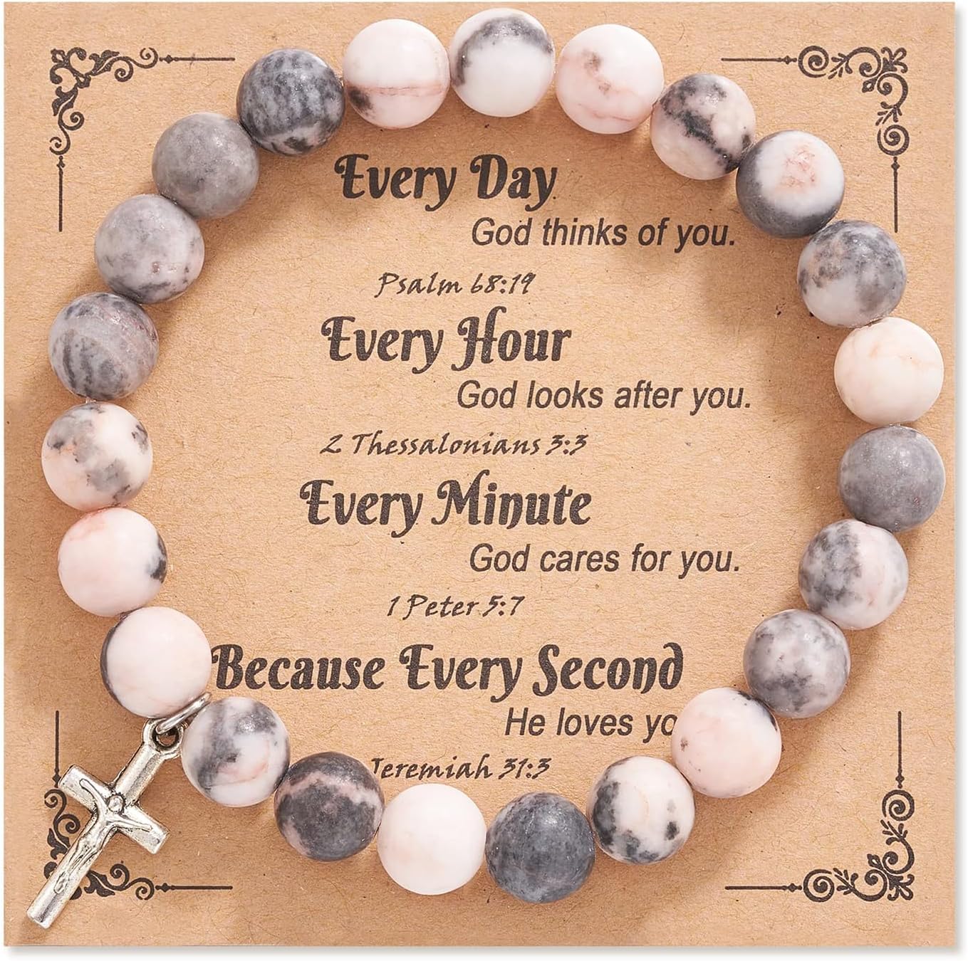 Flongo Christian Beads Bracelets for Women: Handmade Natural Stone Cross Pendant Crucifix Jewelry - Religious Catholic Graduation Birthday Friendship Love Gifts for Women Girls Girlfriend