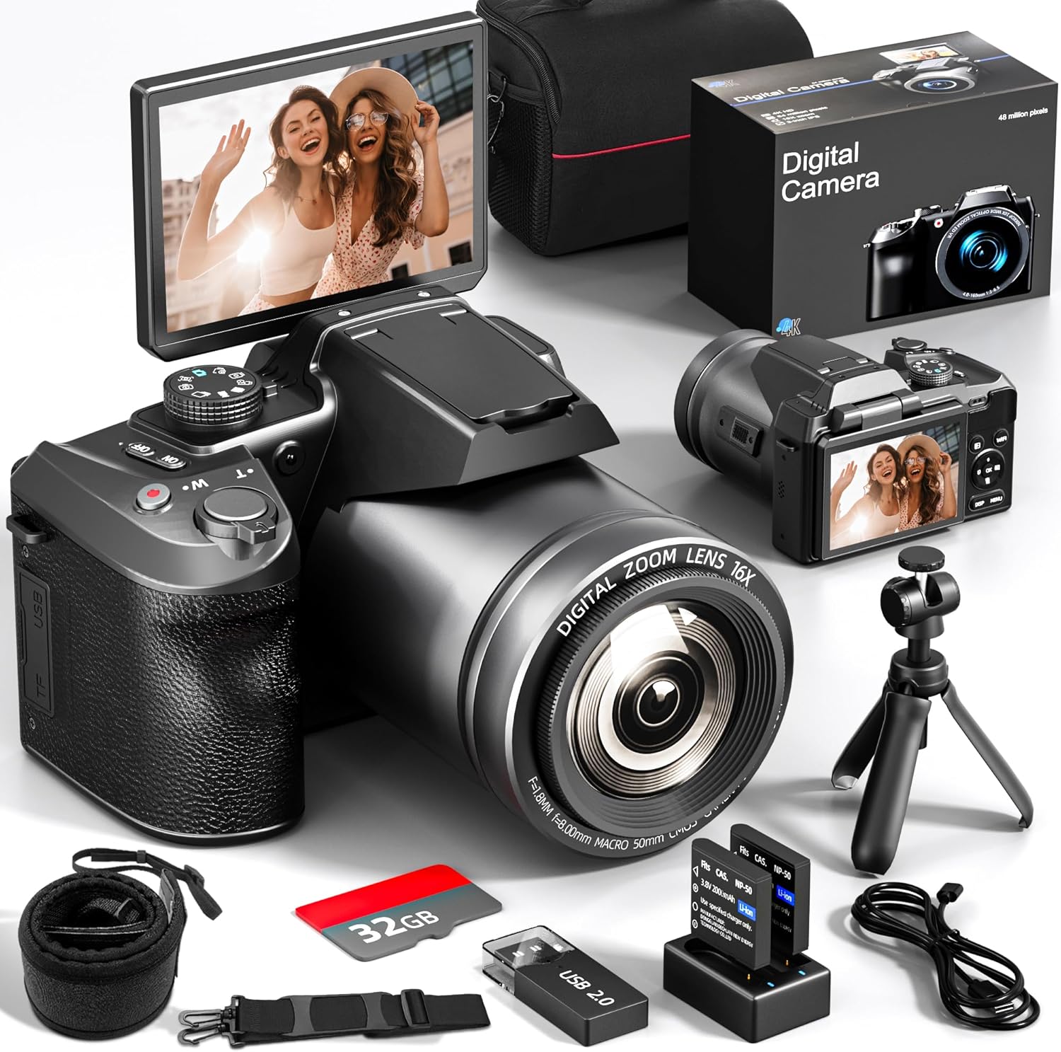 NBD 64MP Digital Camera，4K Vlogging Camera for YouTube with 3’’ Flip Screen,16X Digital Zoom,WIFI& Autofocus,Cameras Mic&Tripod,2 Batteries, 32GB TF Card，Dslr Camera (Black)