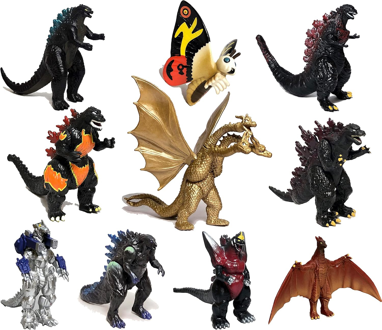TwCare Set of 10 Godzilla Toys, Movable Joint Action Figures, King of The Monsters vs Kong Mini Dinosaur Mothra Imago Burning Heisei Mecha Ghidorah Playsets Kids Birthday Cake Toppers Pack