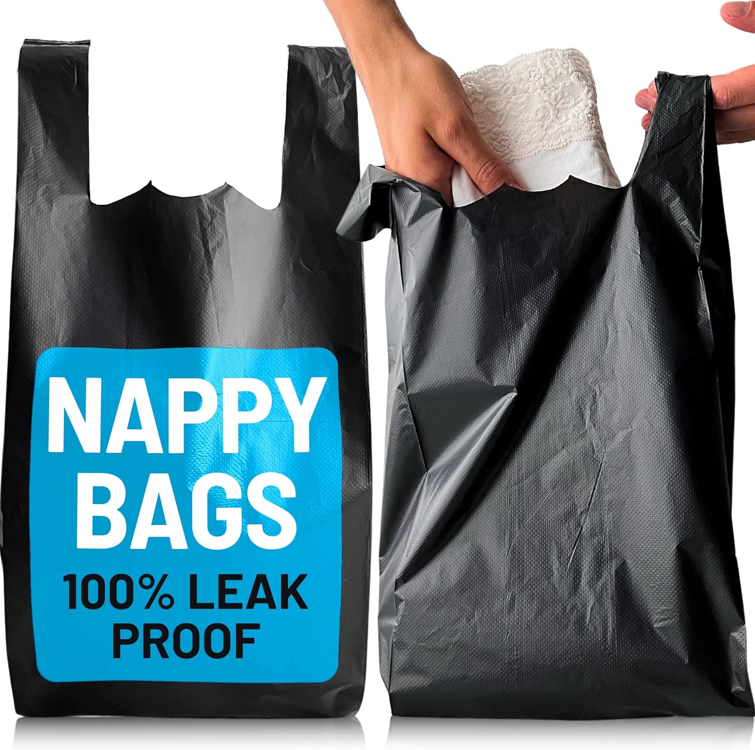 Adult Nappy Bags - 200 Pack, 20% Thicker Sacks, Easy Tie Handles, Odour Free, Discreet Black Plastic, Strong Sanitary Disposal Bag
