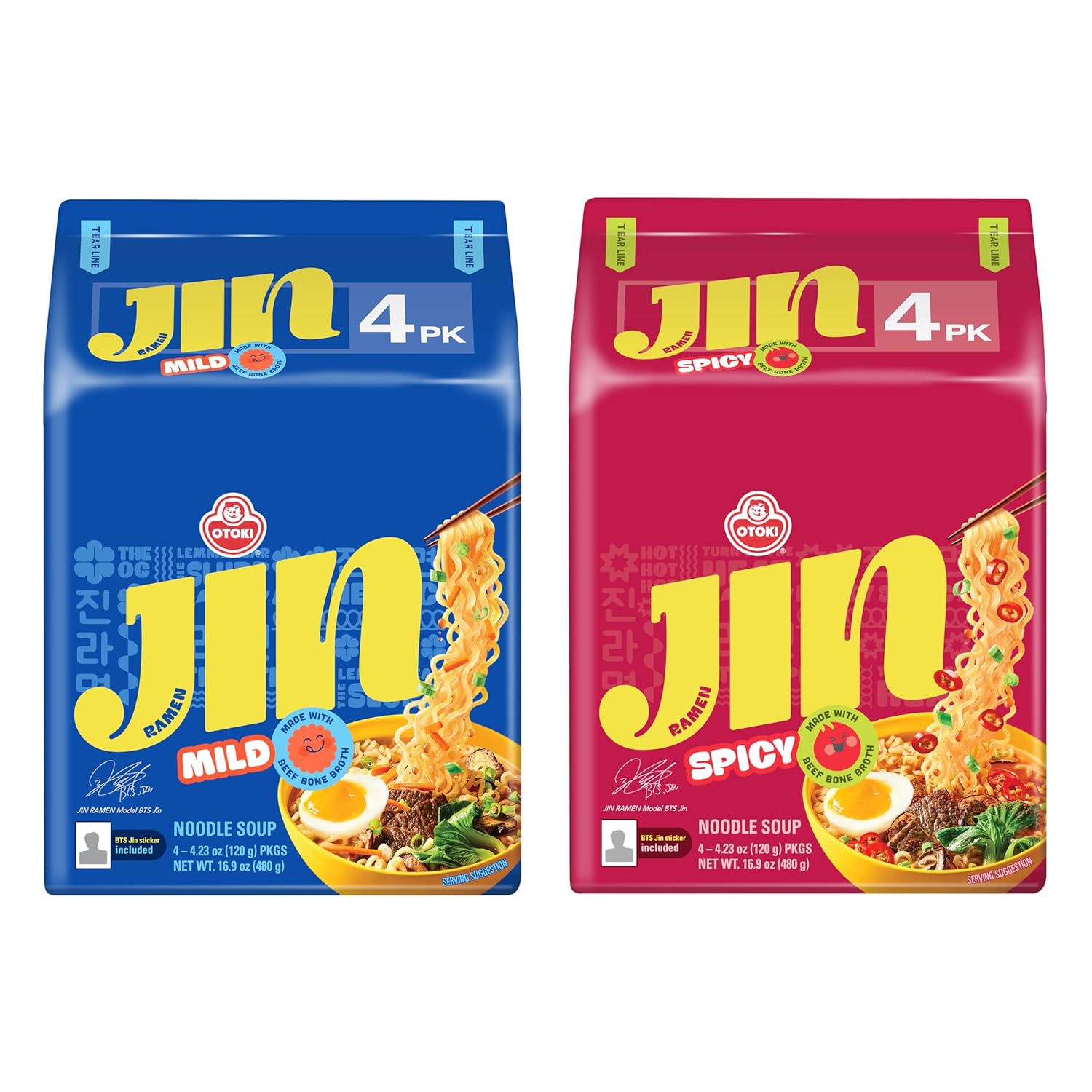 OTOKI Jin Ramen Mild Flavor, Authentic Korean Instant Noodles, Genuine Korean Ramen Soup Mix, Savory & Rich Quick & Easy Meal 4.23oz, Multi Pack (PACK OF 8, MILD & SPICY)