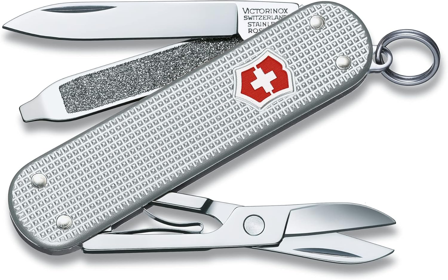 Victorinox Classic Alox Swiss Army Knife, Camping Knife, Small, Multi Tool, 5 Functions, Scissors, Nail File, Silver