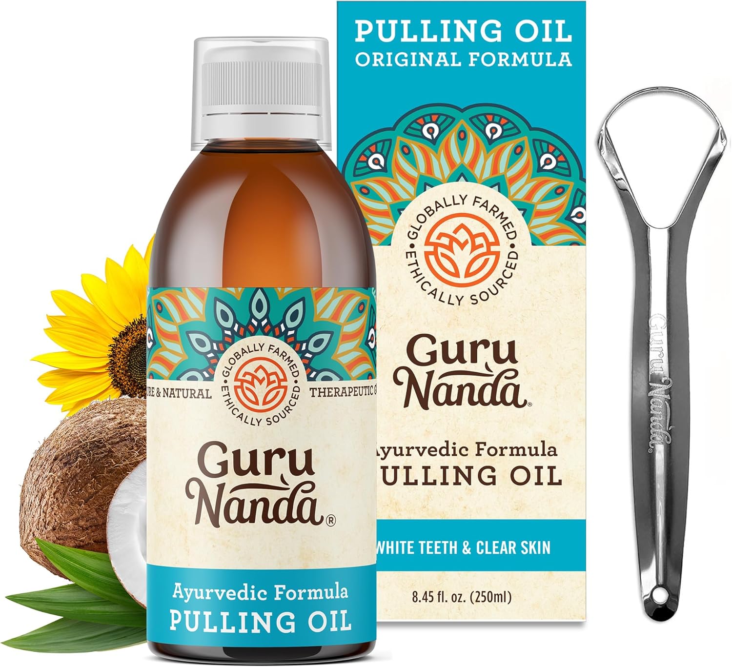 GuruNanda Original Oil Pulling with Tongue Scraper, Alcohol & Fluoriode Free Mouthwash for Teeth & Gum Health & Fresh Breath (Unflavoured), 250 ml